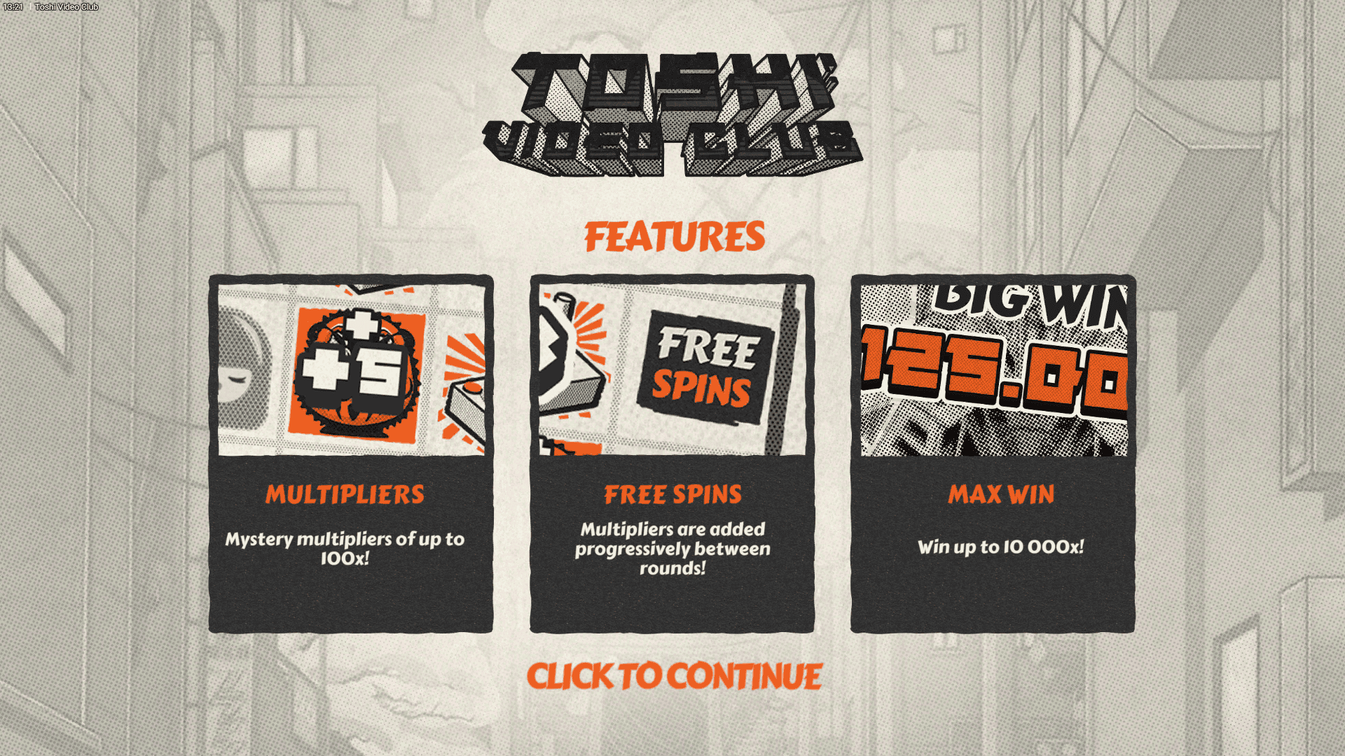 Toshi Video Club slot intro screen
