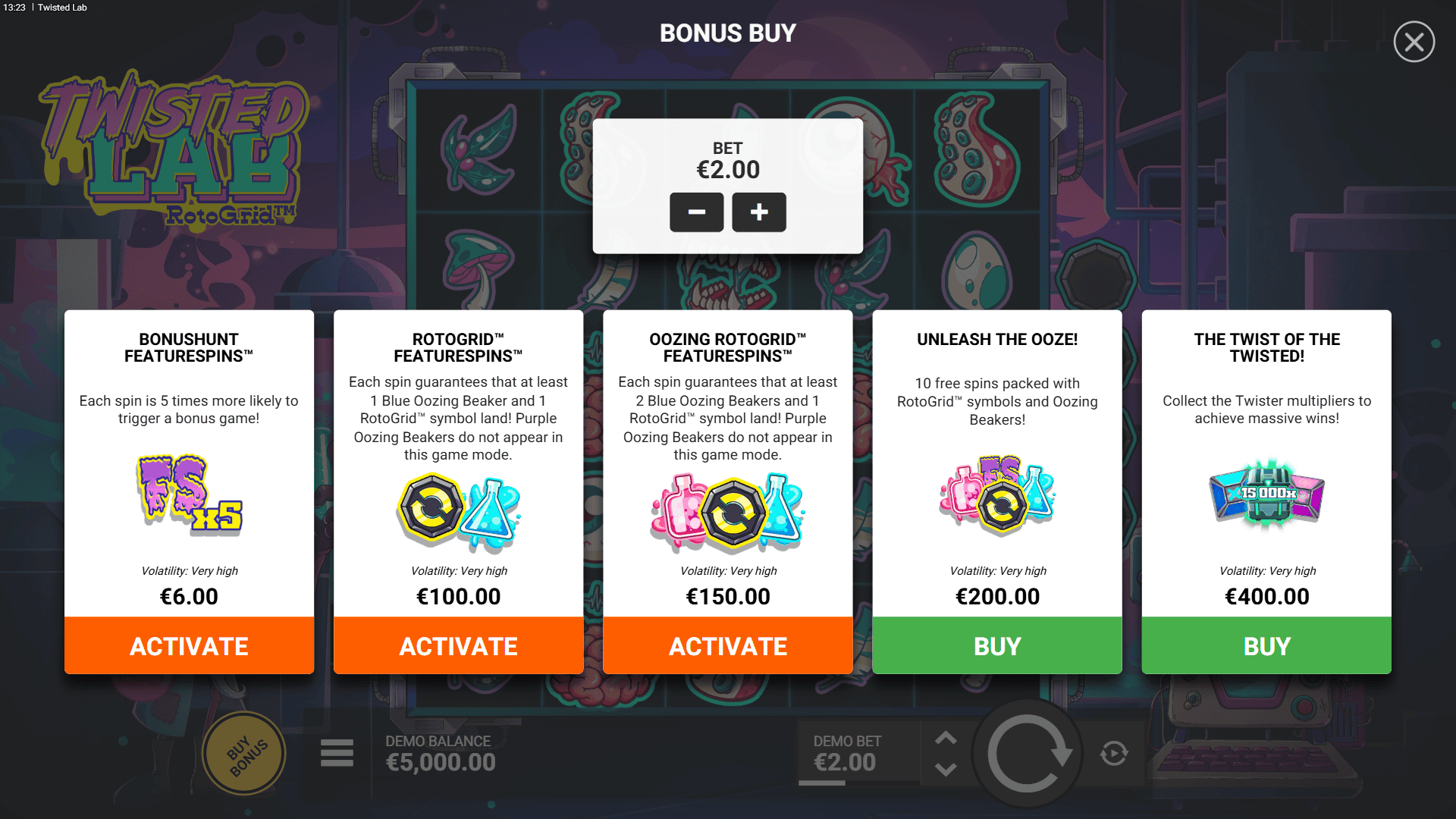 Twisted Lab RotoGrid bonus buy menu