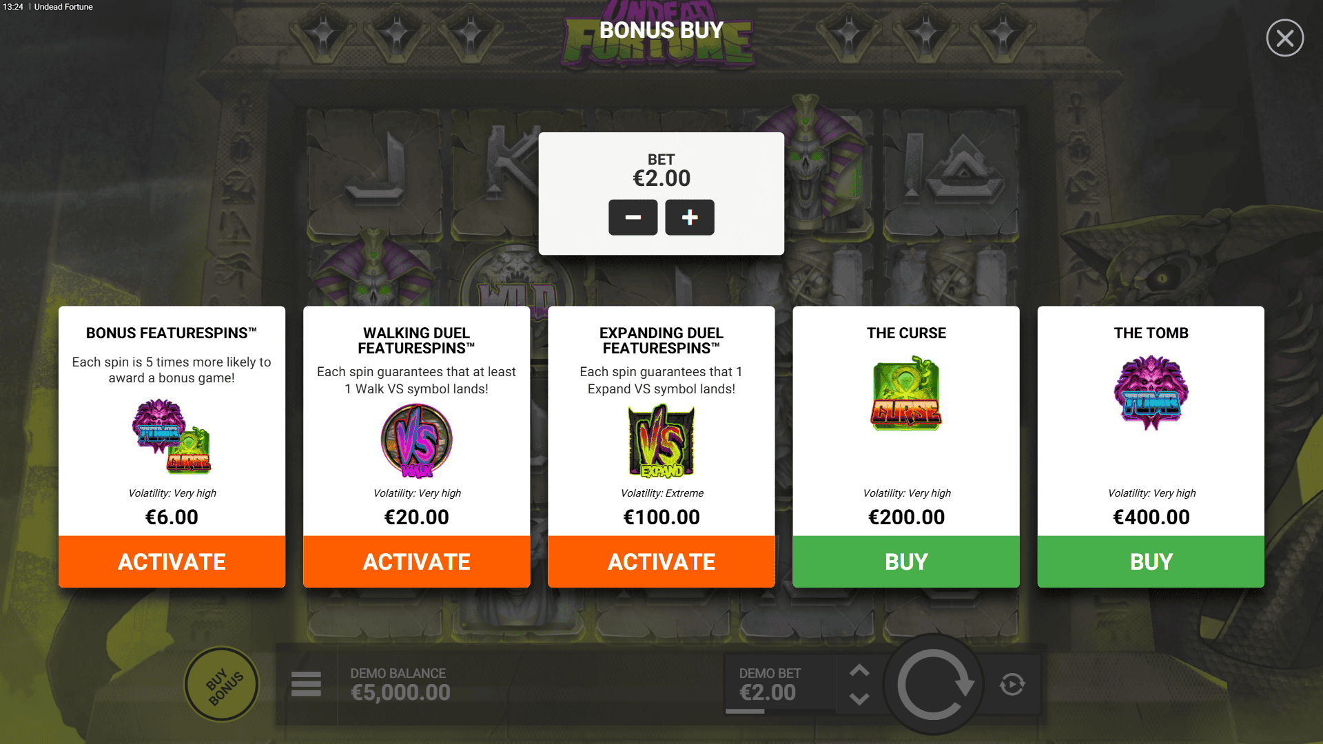 Undead Fortune bonus buy menu