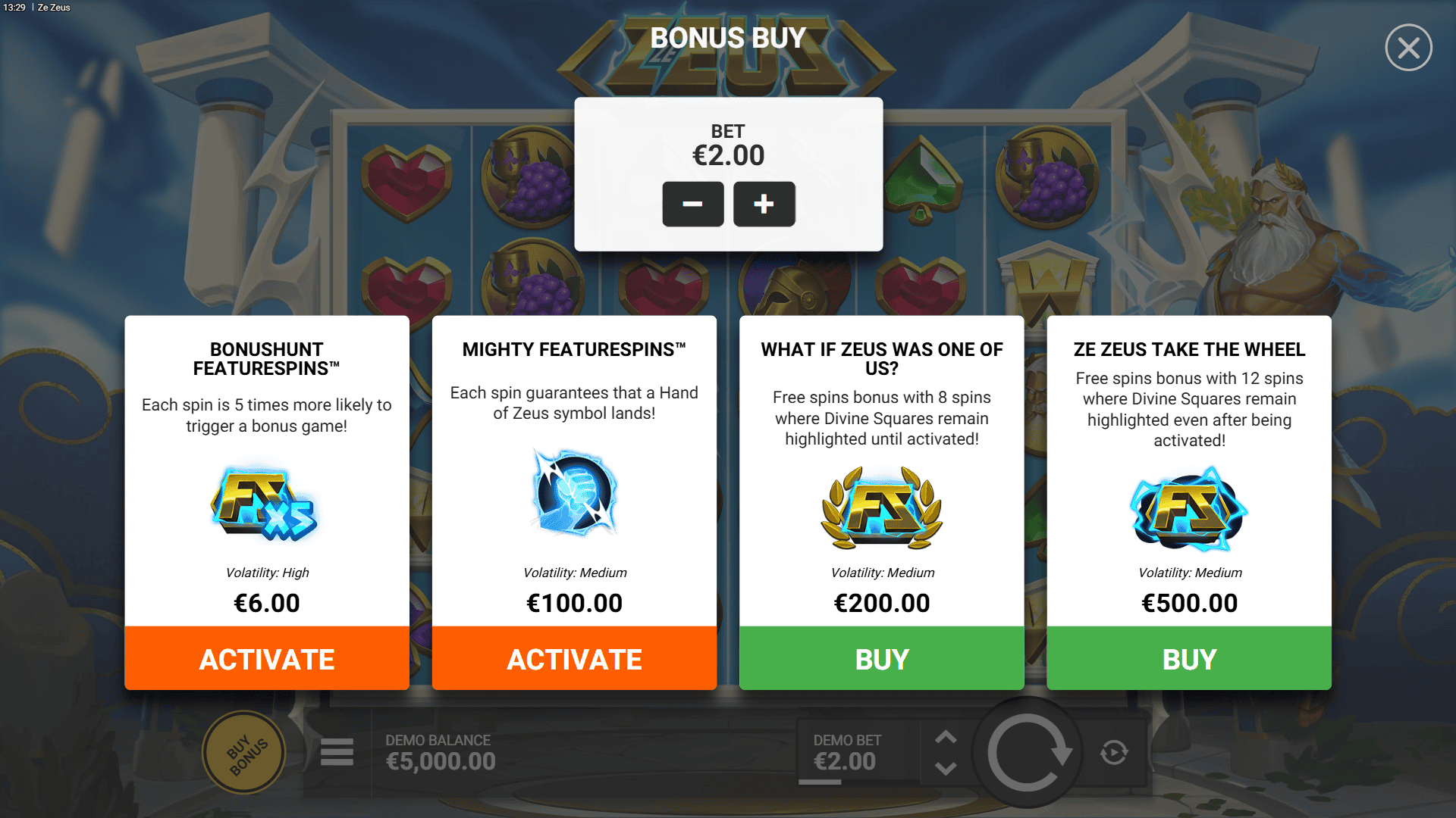 Ze Zeus bonus buy menu