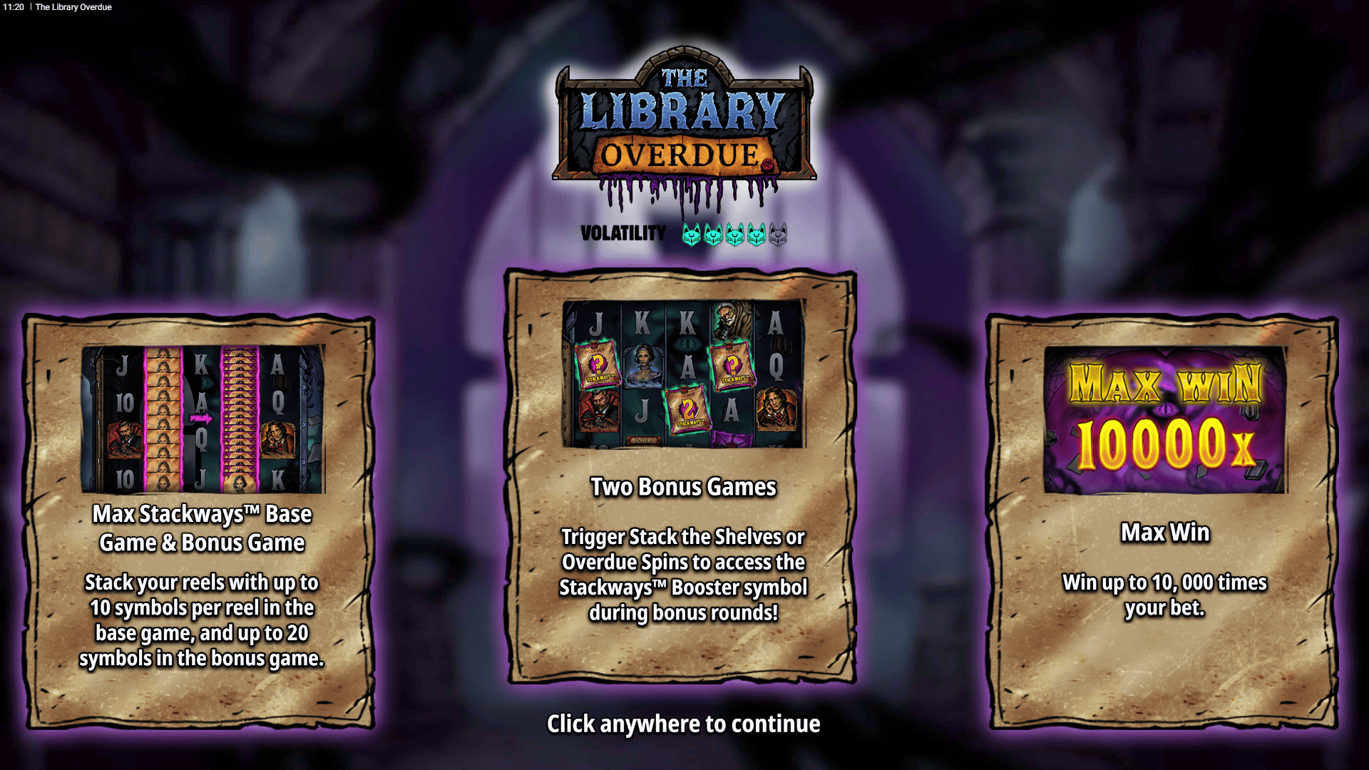The Library Overdue slot intro screen