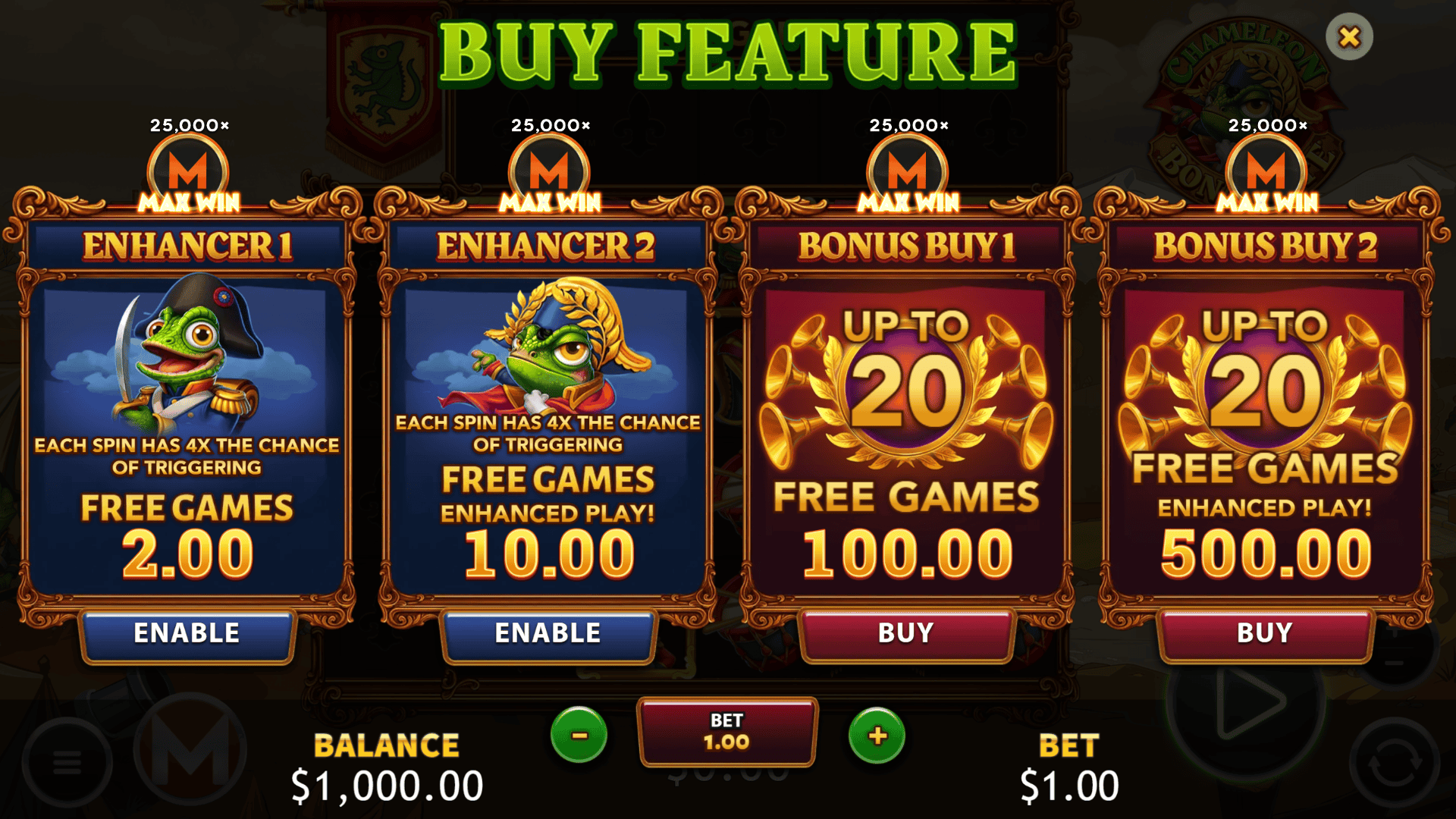 Chameleon Bonaparte bonus buy menu