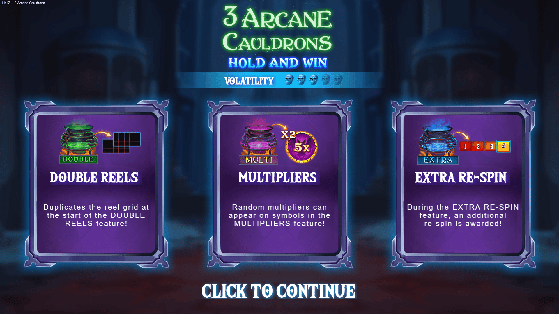 3 Arcane Cauldrons slot intro screen