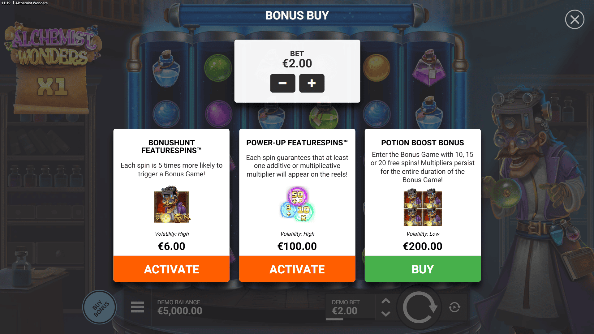 Alchemist Wonders bonus buy menu