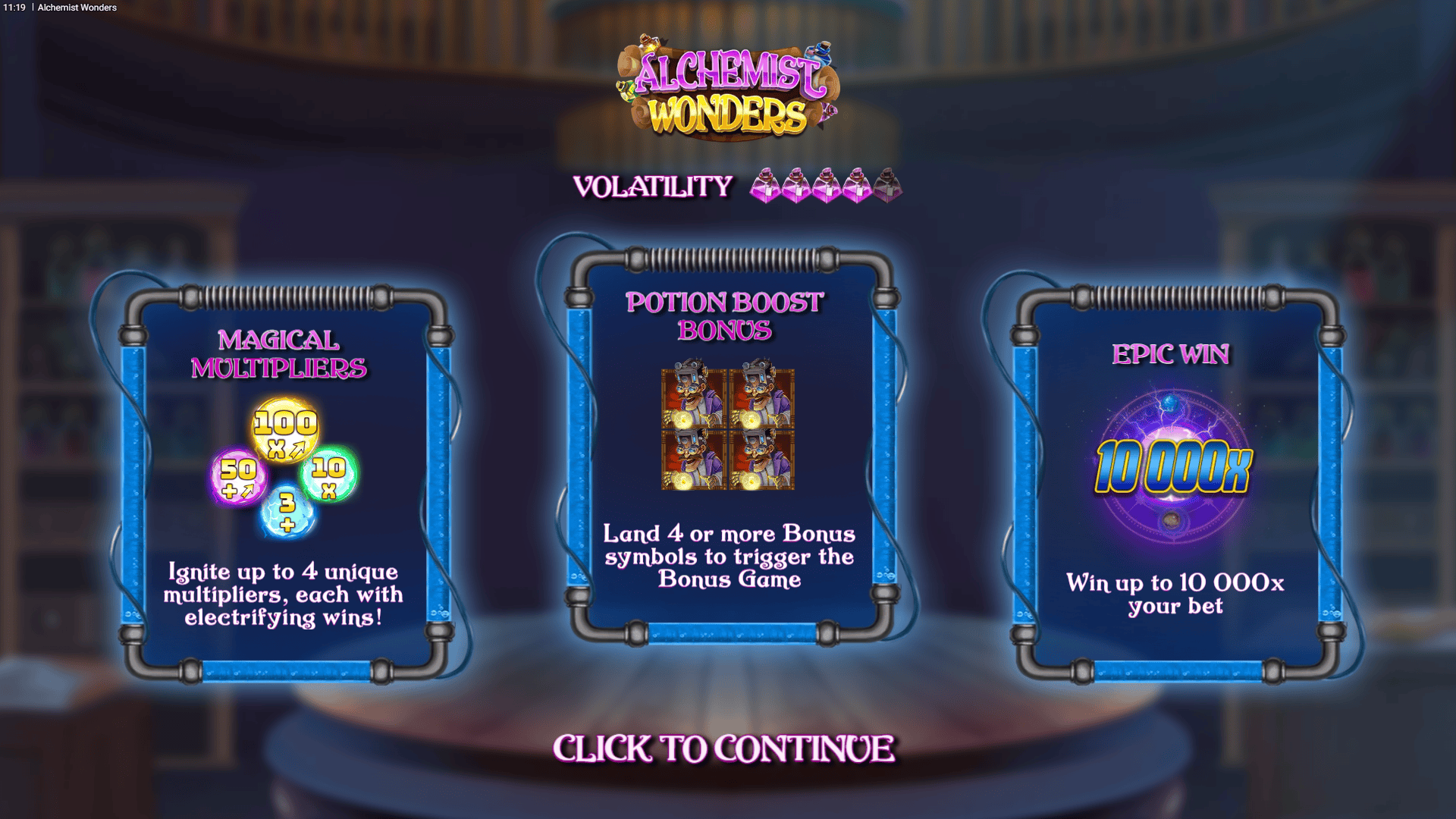 Alchemist Wonders slot intro screen