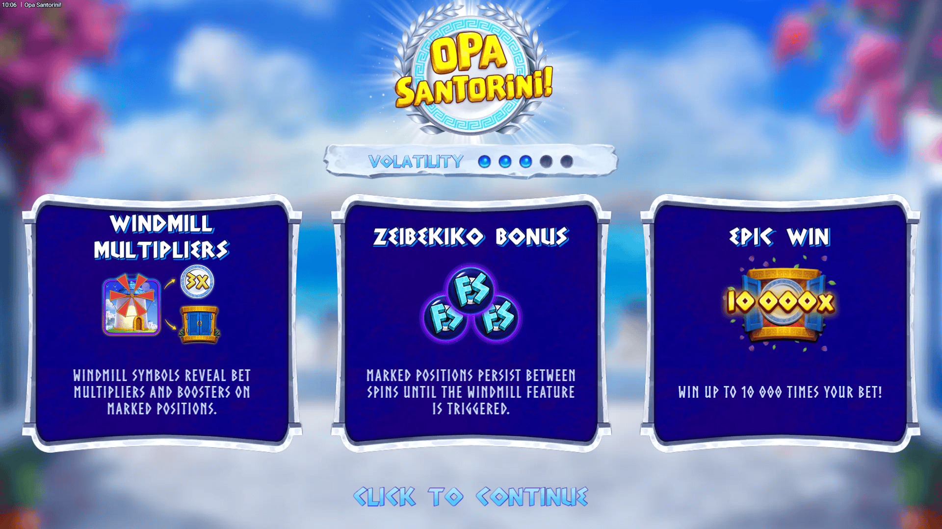 Opa Santorini slot intro screen