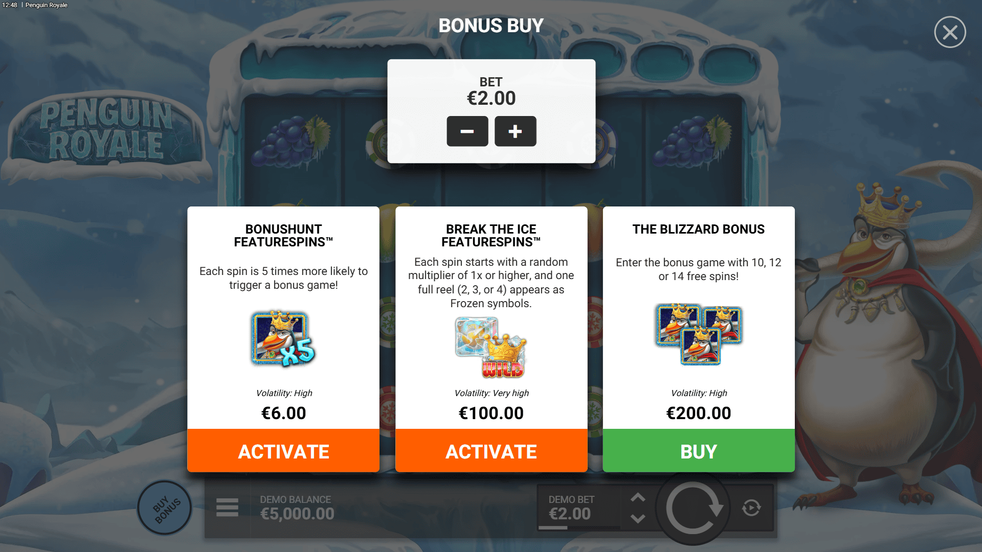 Penguin Royale bonus buy menu