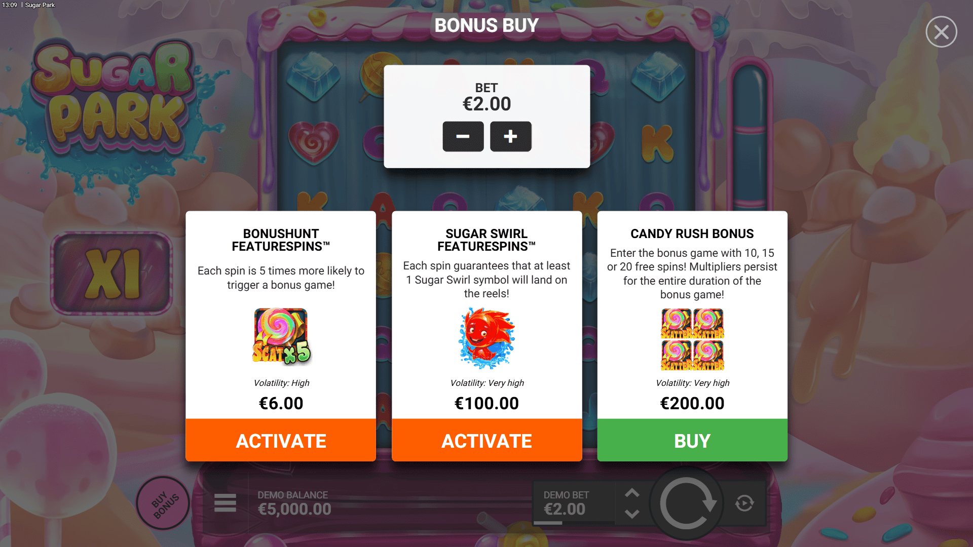 Sugar Park bonus buy menu