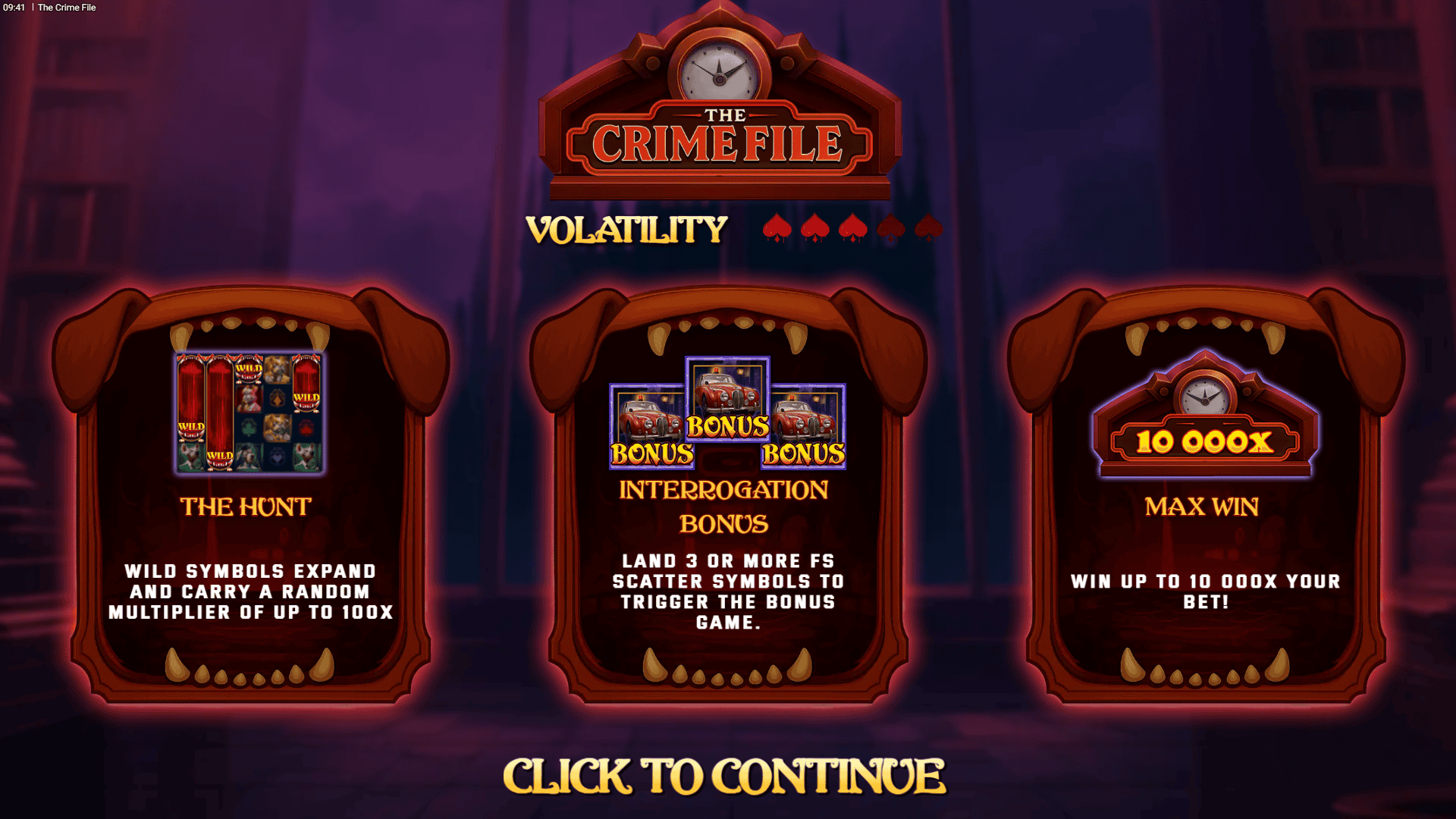 The Crime File slot intro screen