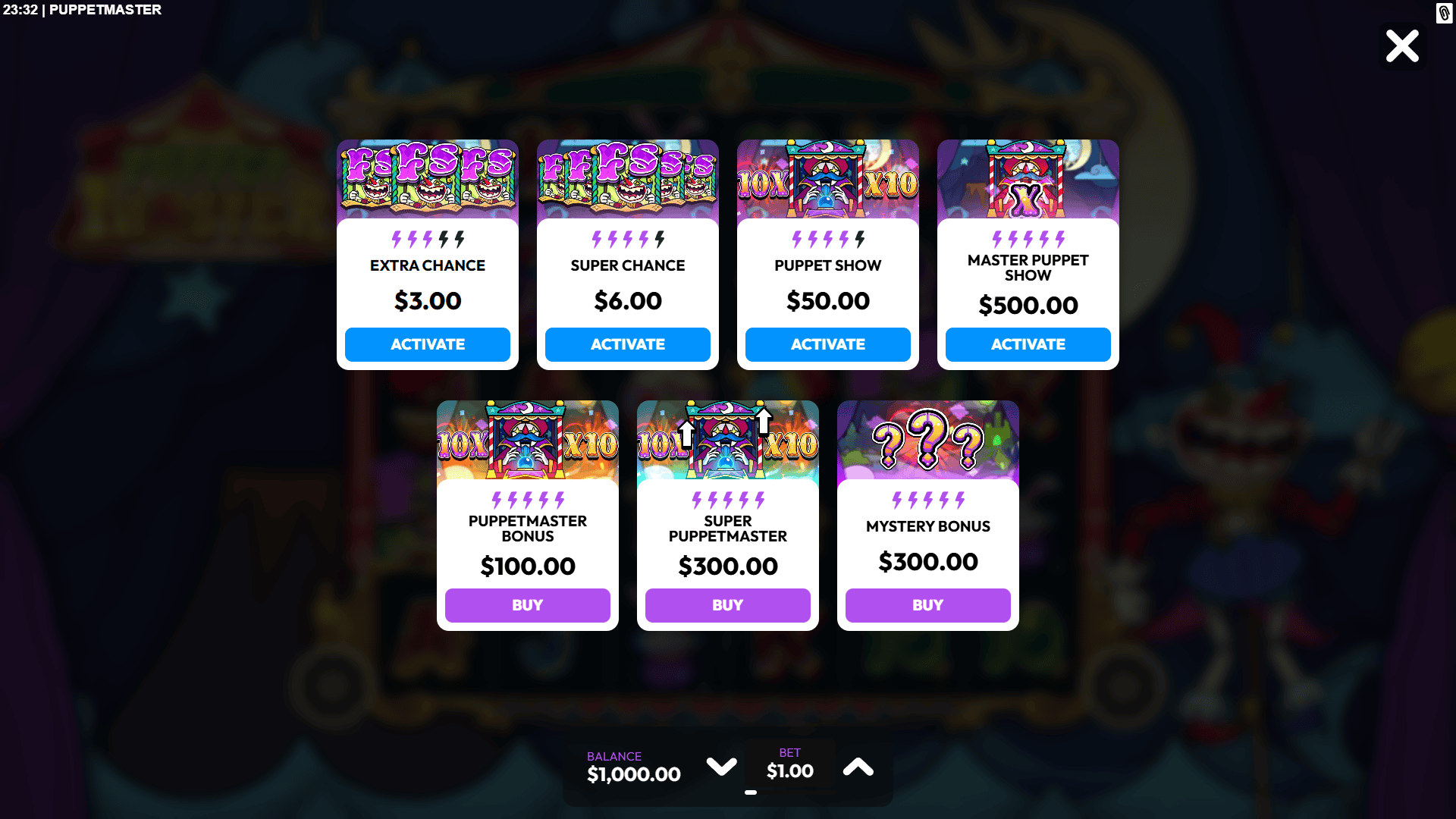 Puppetmaster bonus buy menu