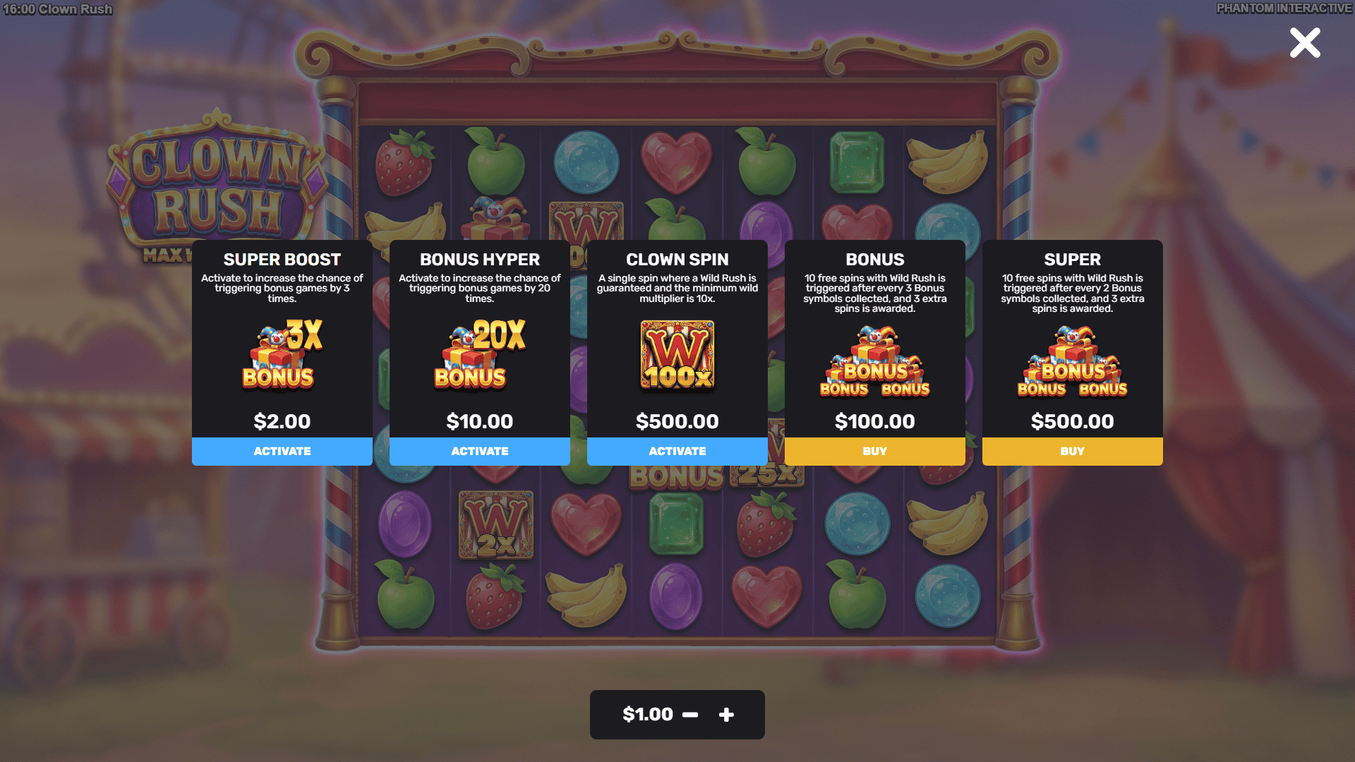 Clown Rush bonus buy menu