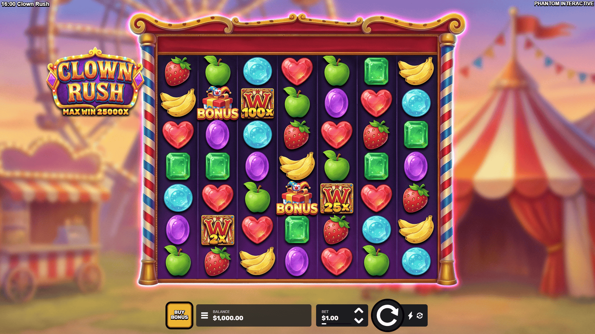 Clown Rush slot gameplay reels