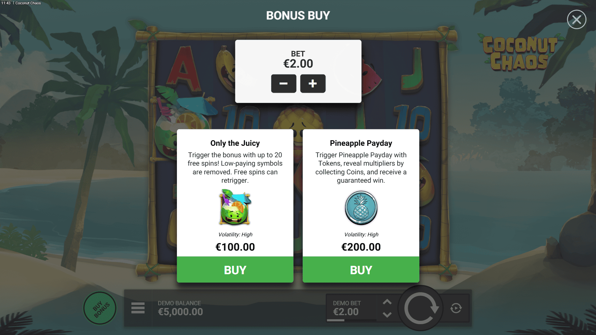 Coconut Chaos bonus buy menu