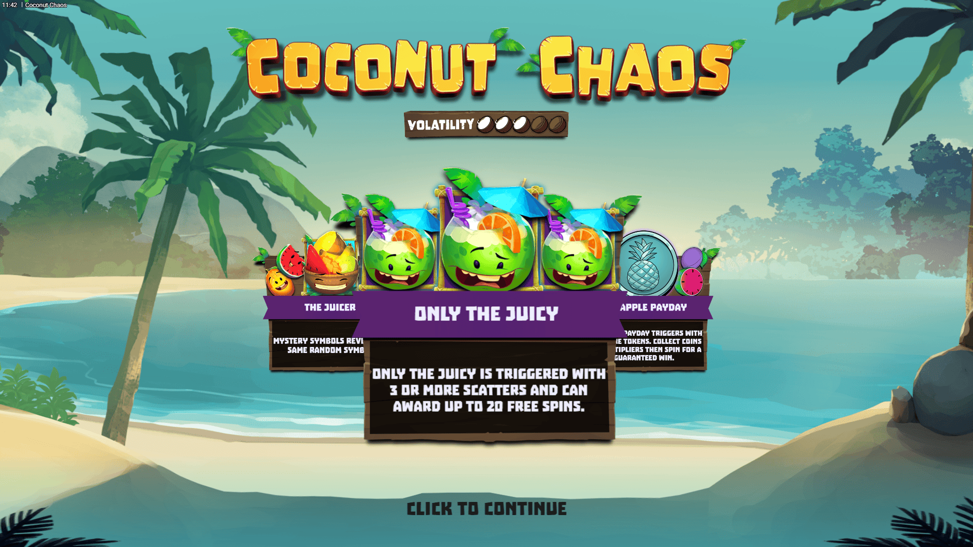 Coconut Chaos slot intro screen