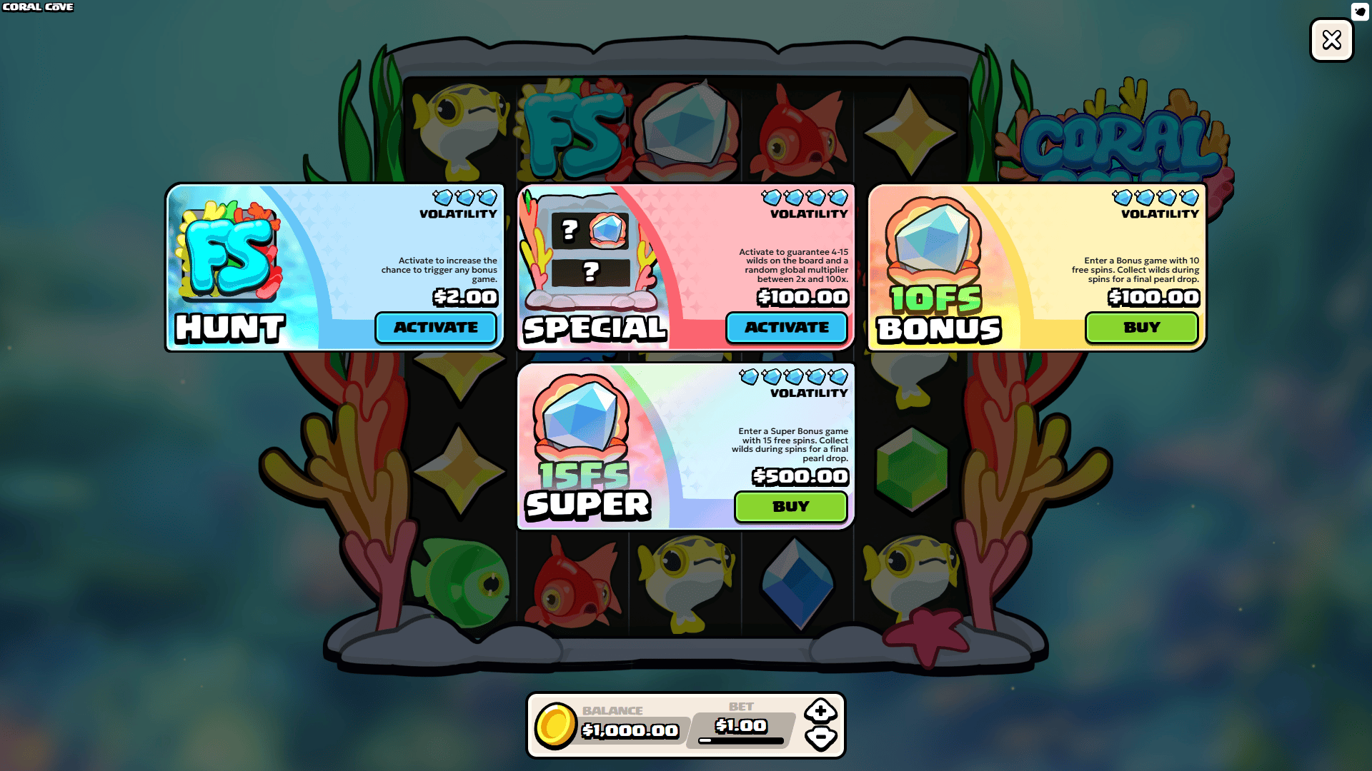 Coral Cove bonus buy menu