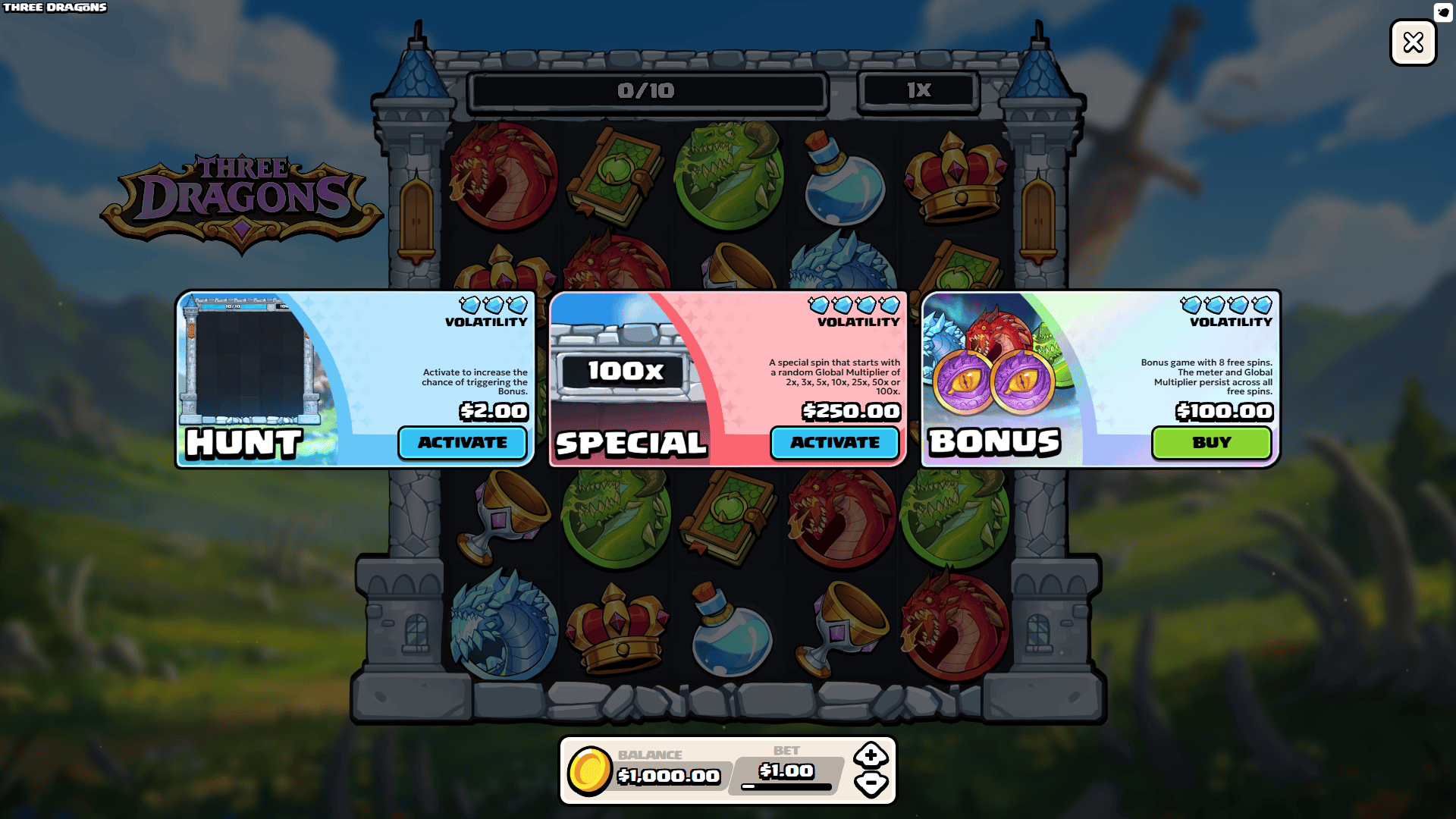 Three Dragons bonus buy menu