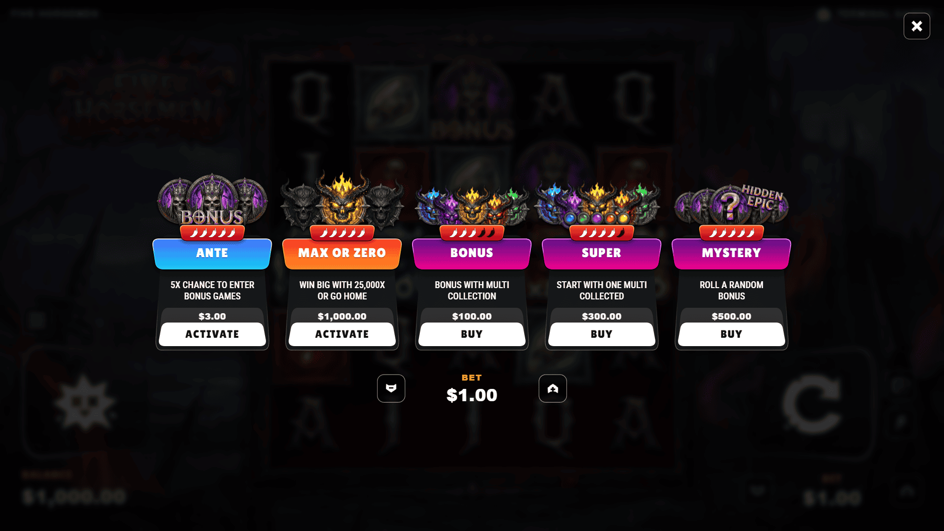 Five Horsemen bonus buy menu