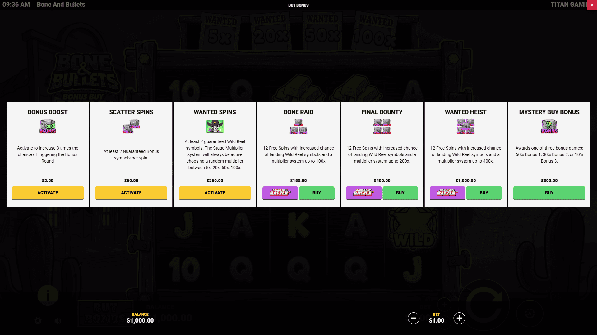 Bone and Bullets bonus buy menu