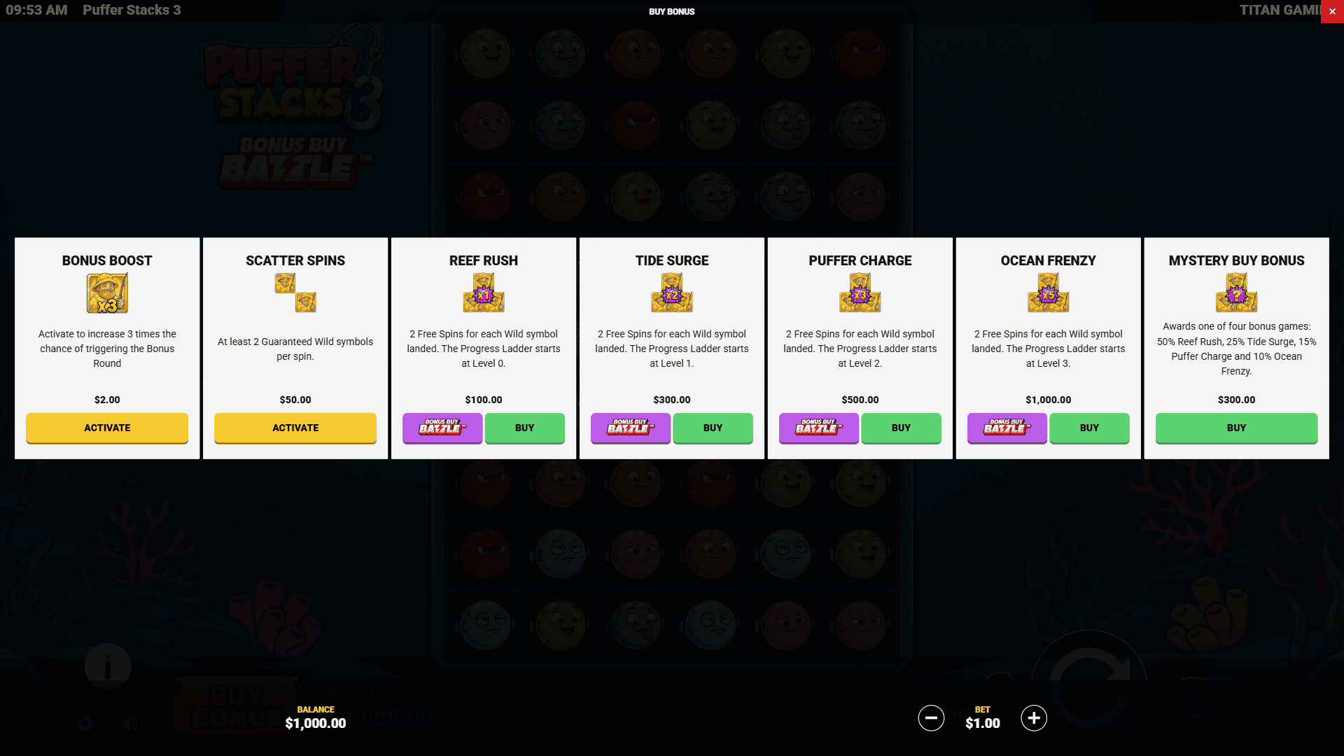Puffer Stacks 3 bonus buy menu