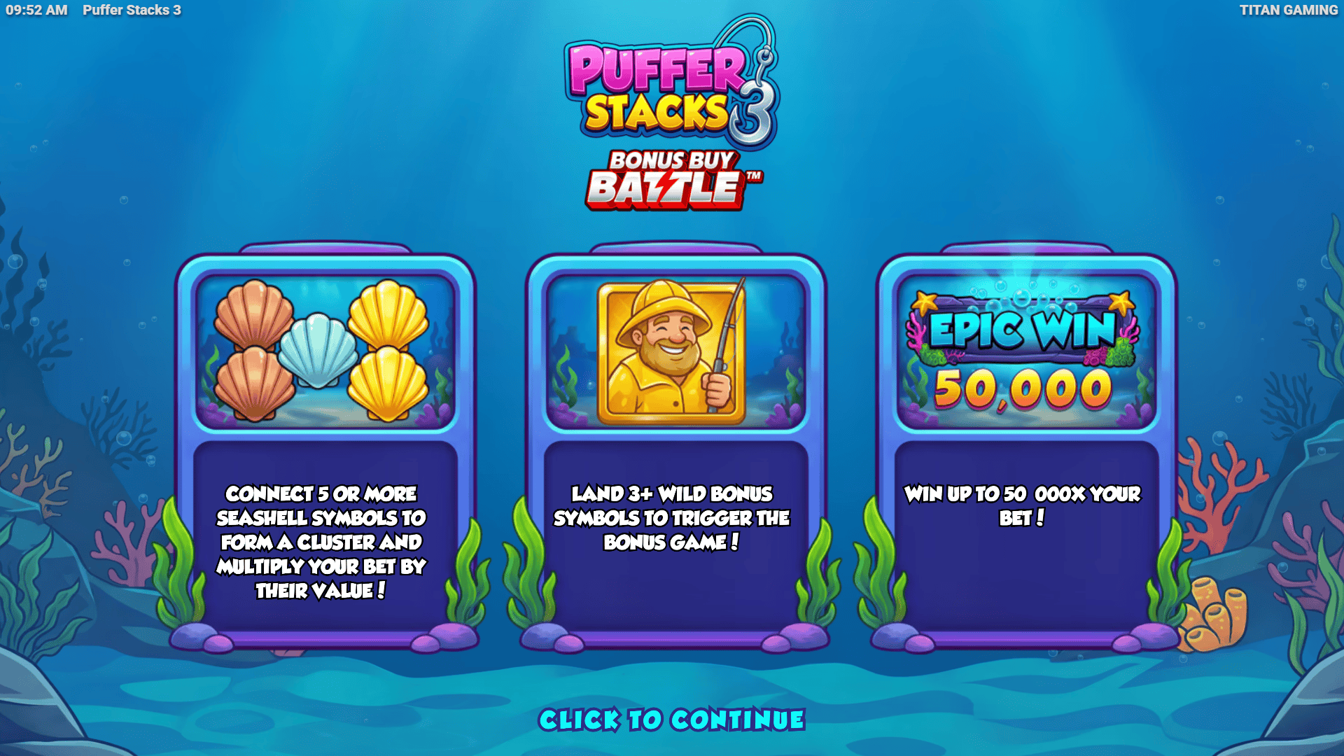 Puffer Stacks 3 slot intro screen
