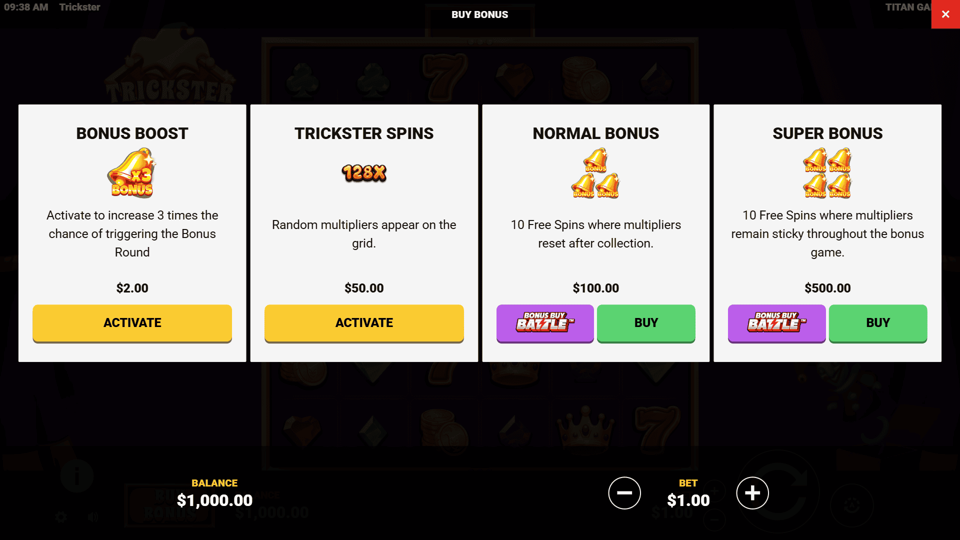 Trickster bonus buy menu
