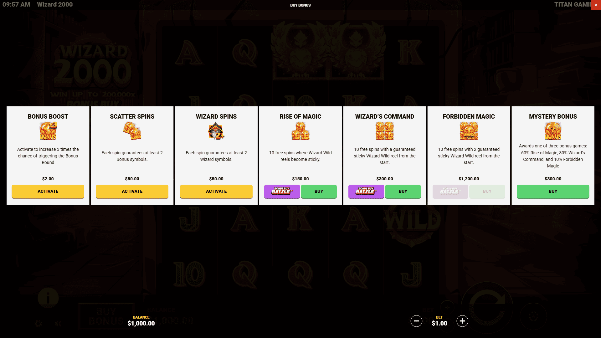 Wizard 2000 bonus buy menu