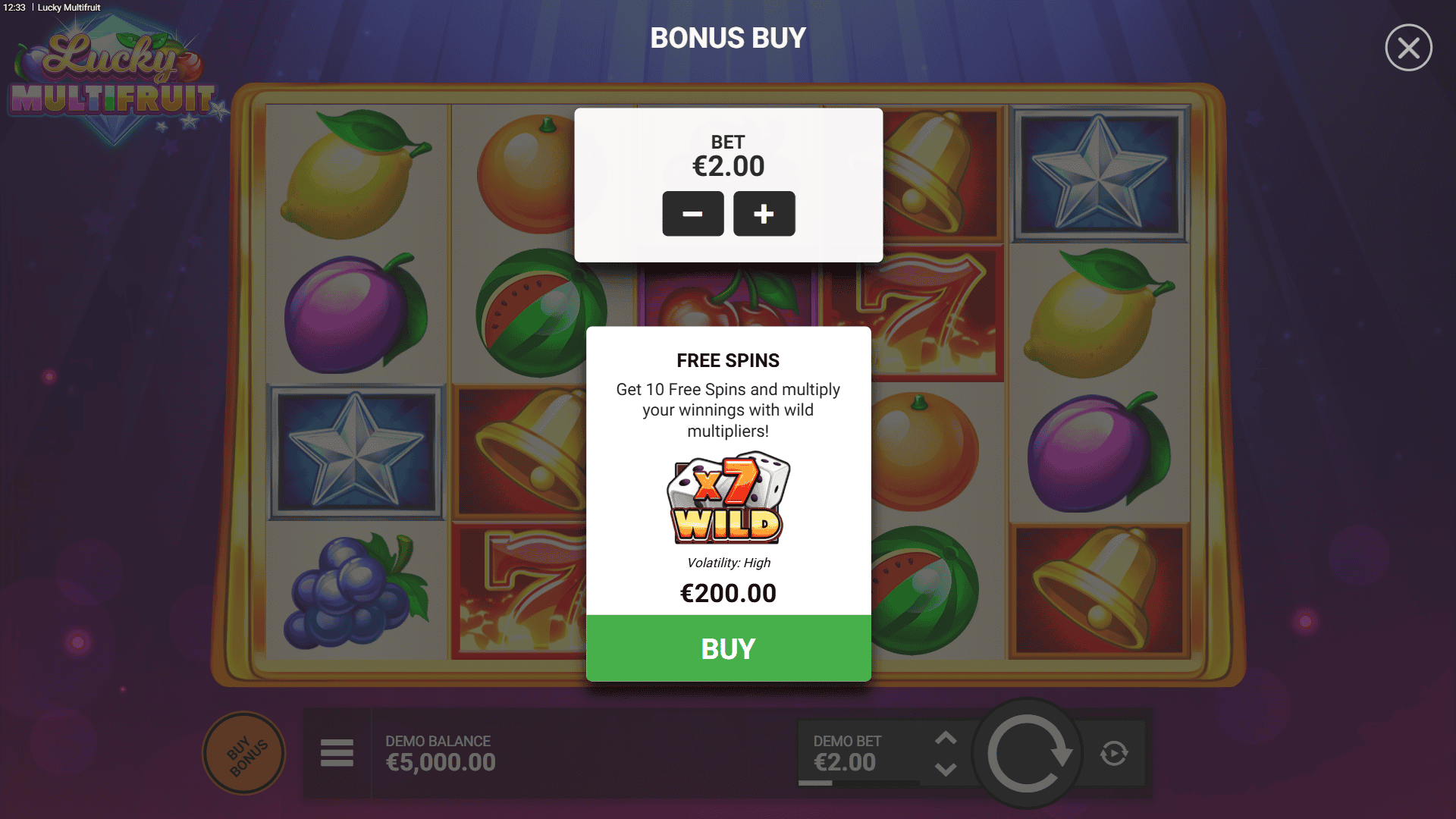 Lucky Multifruit bonus buy menu
