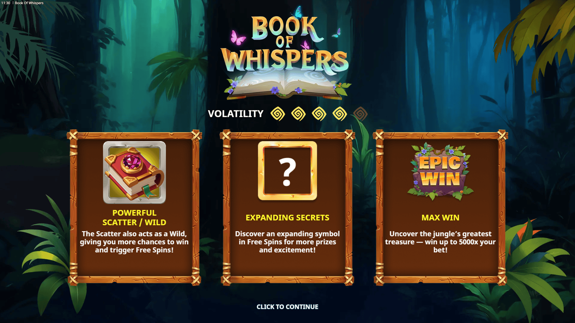 Book of Whispers slot intro screen