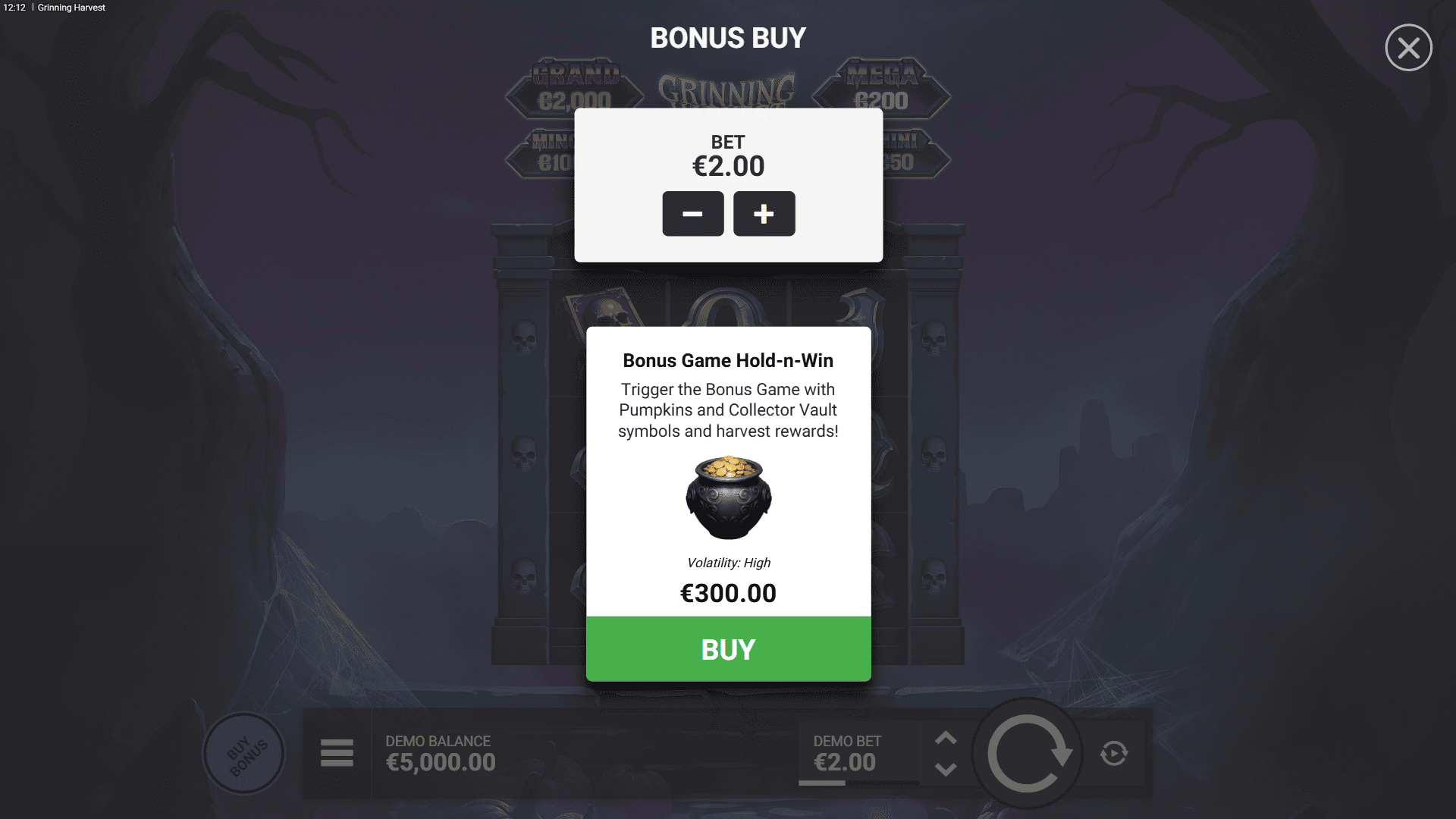 Grinning Harvest bonus buy menu