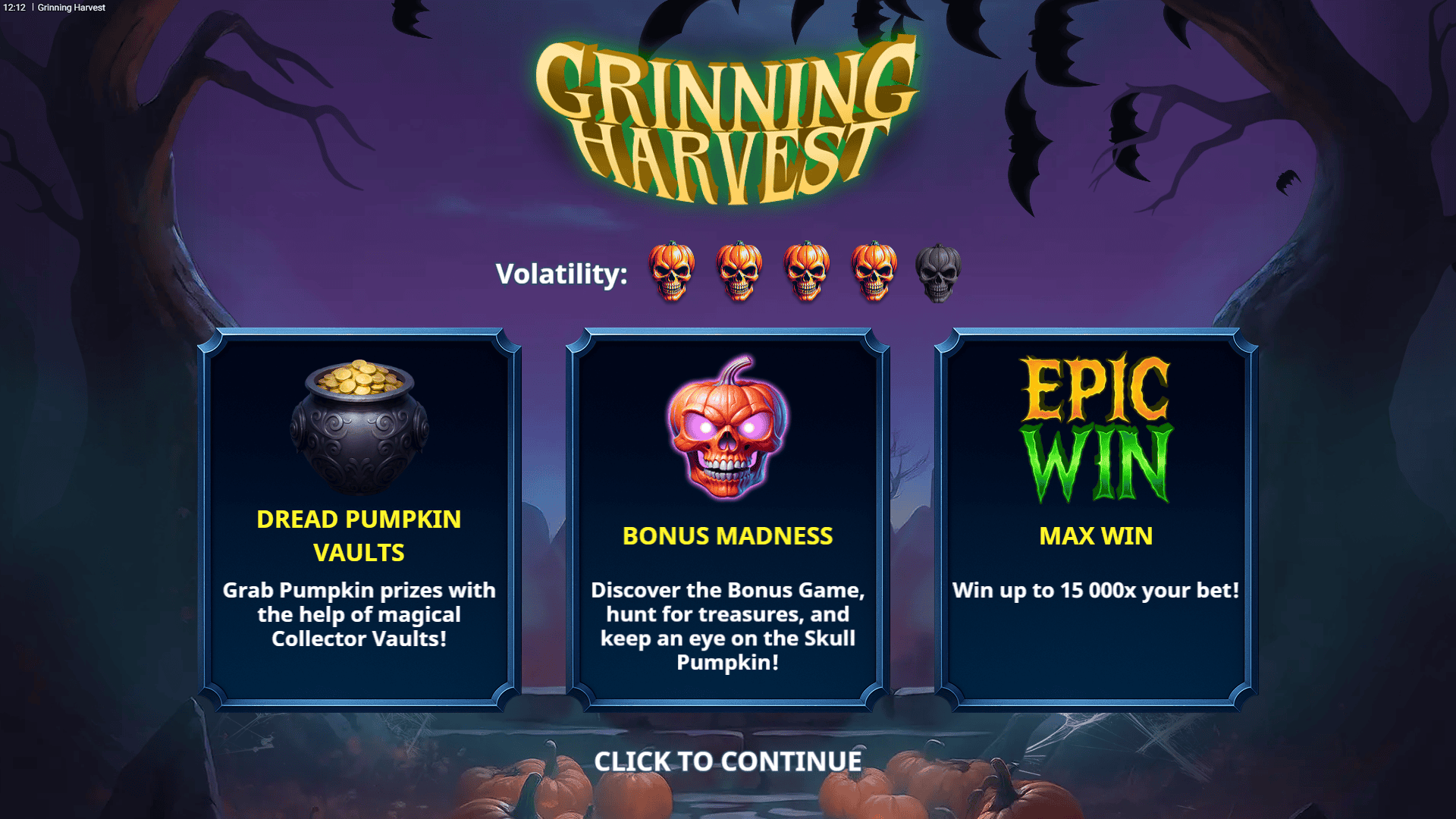 Grinning Harvest slot intro screen