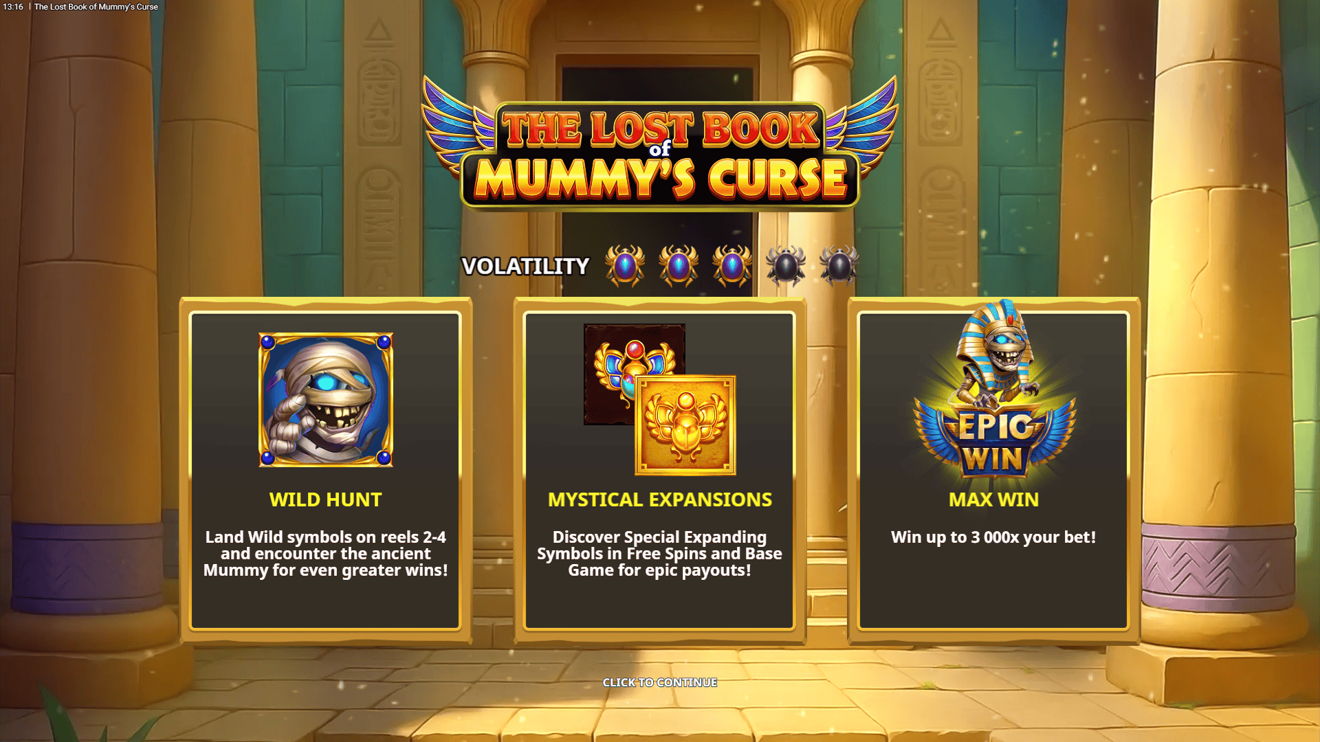 The Lost Book of Mummy’s Curse slot intro screen