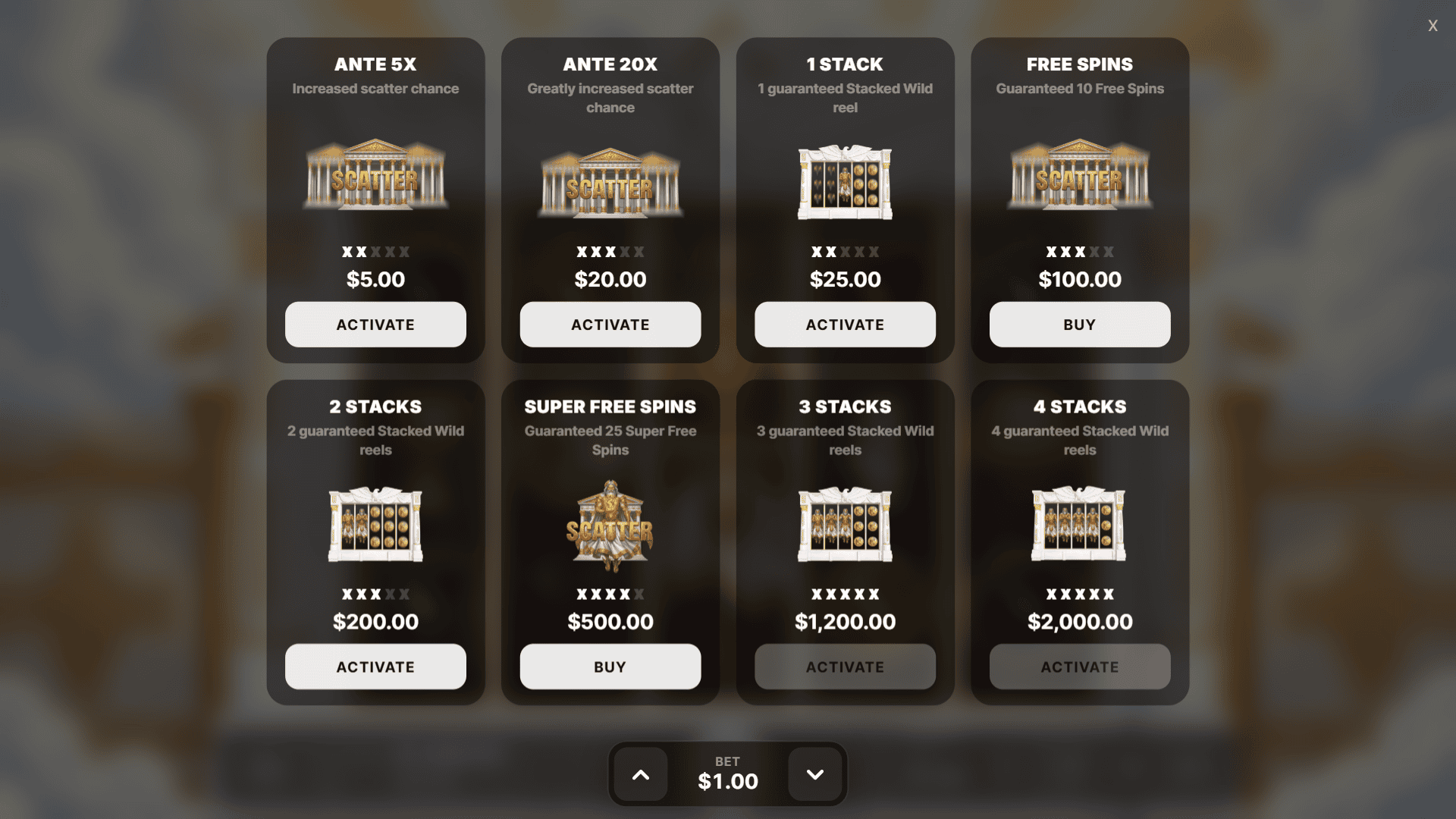 Wild Zeus bonus buy menu