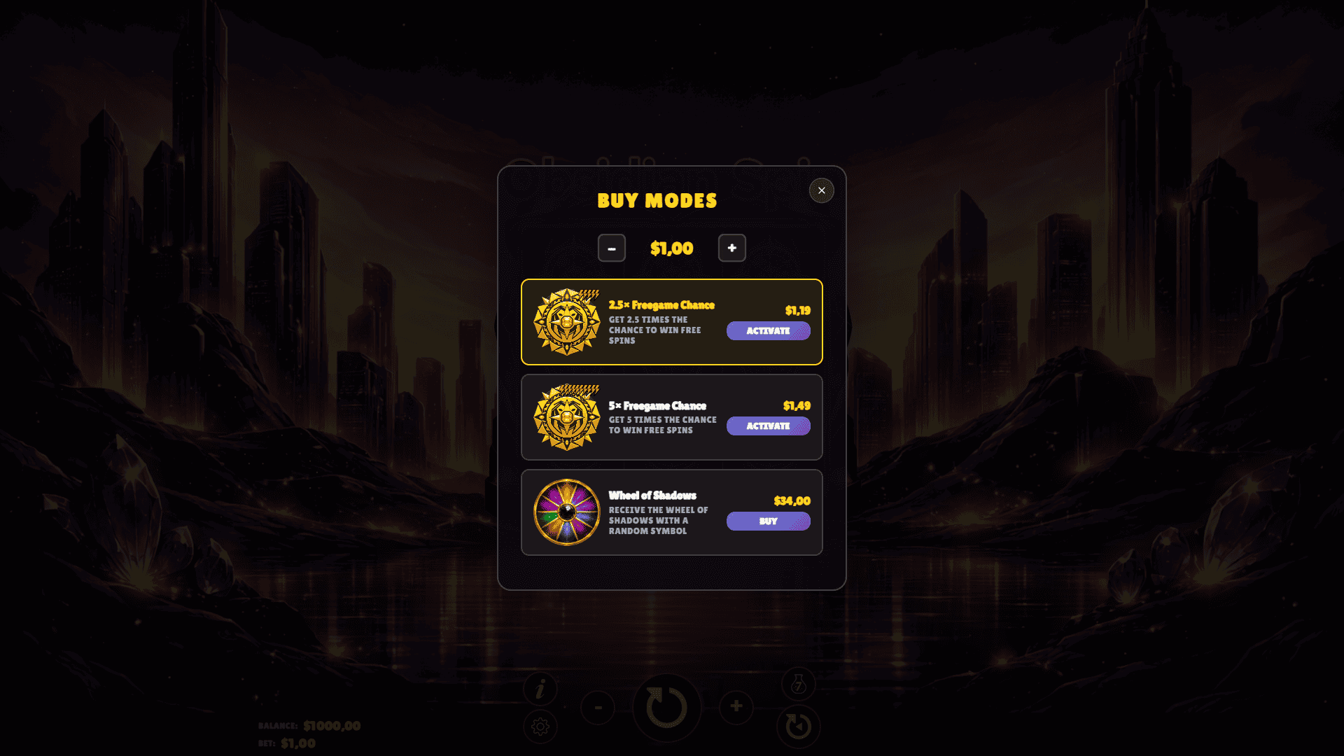 Obsidian Spin bonus buy menu