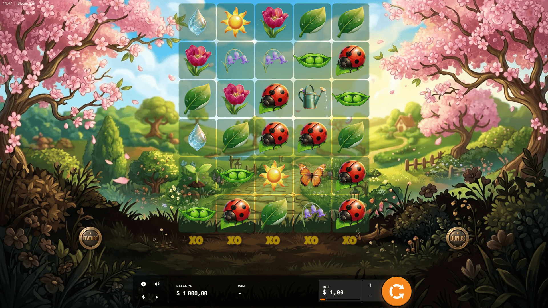 Bloom Em slot gameplay reels