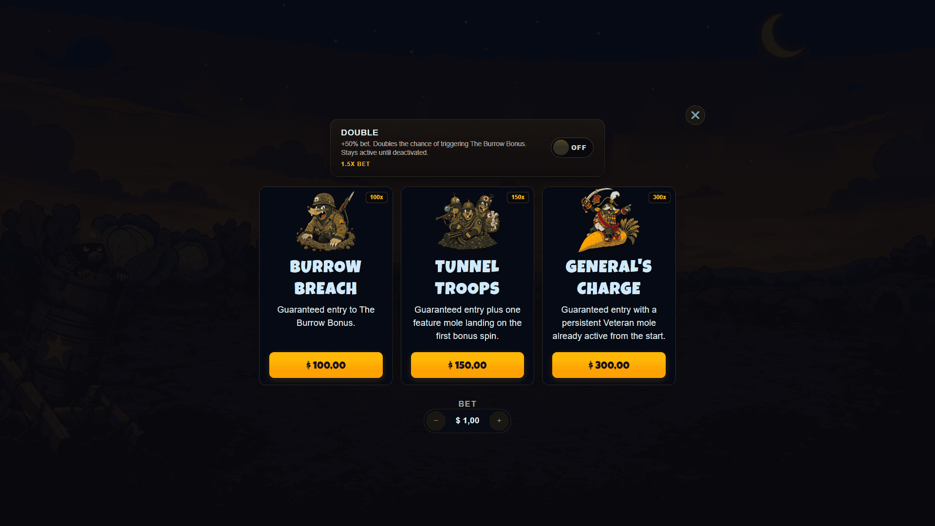 Moles Gone Wild bonus buy menu