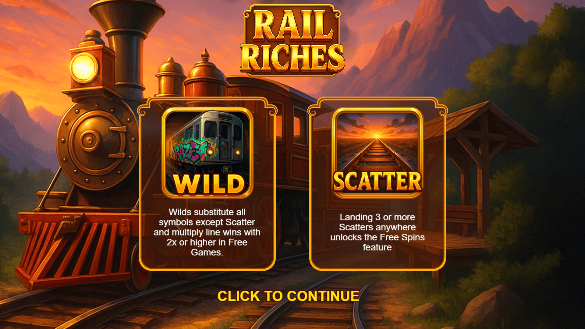 Rail Riches slot intro screen