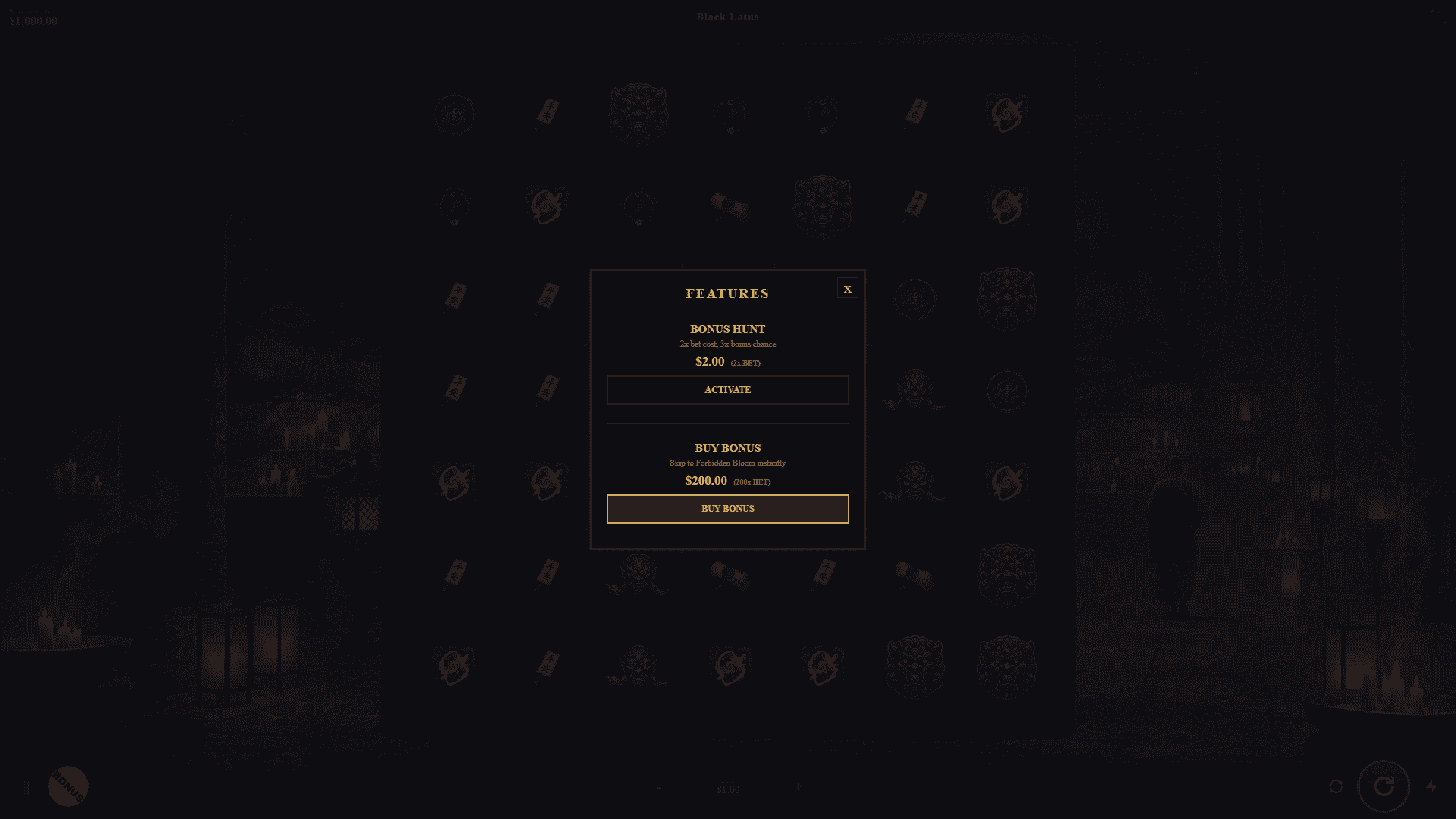 Black Lotus bonus buy menu