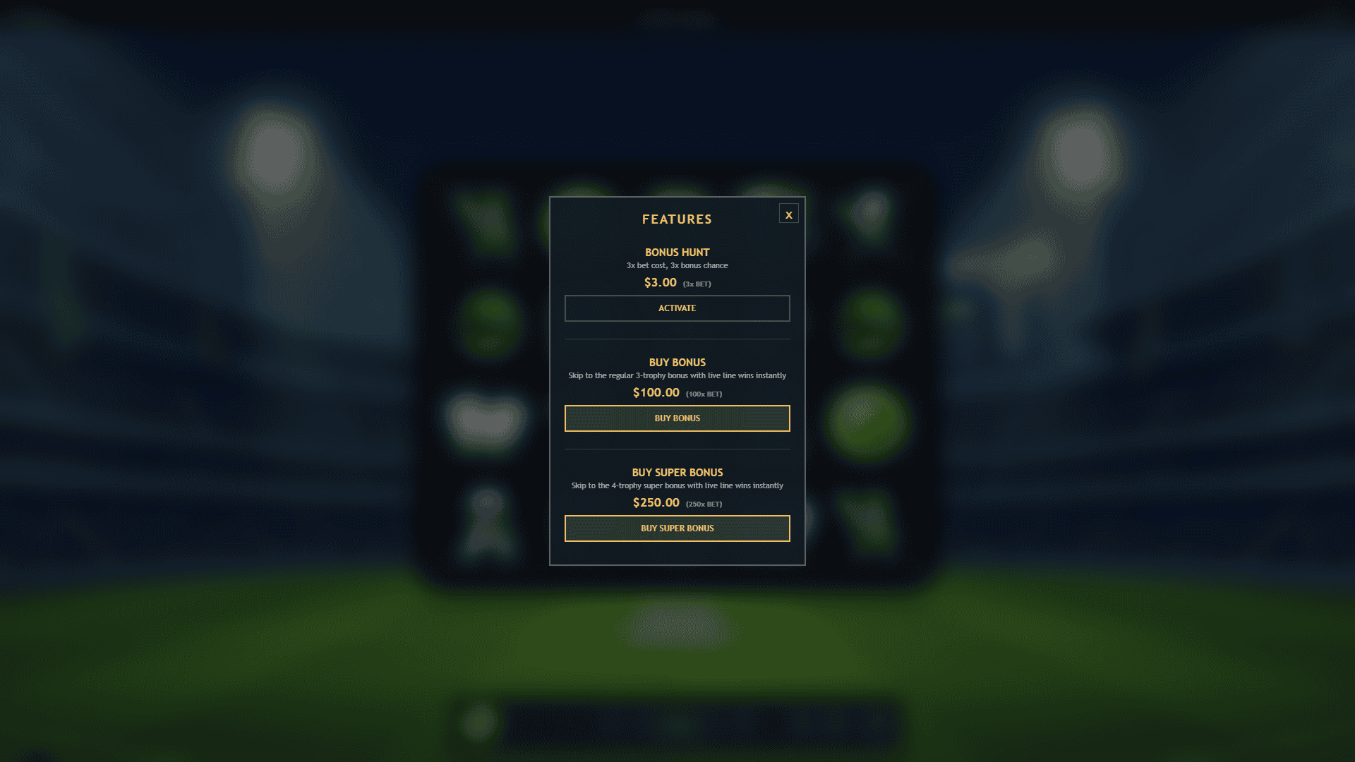 Cricket League bonus buy menu