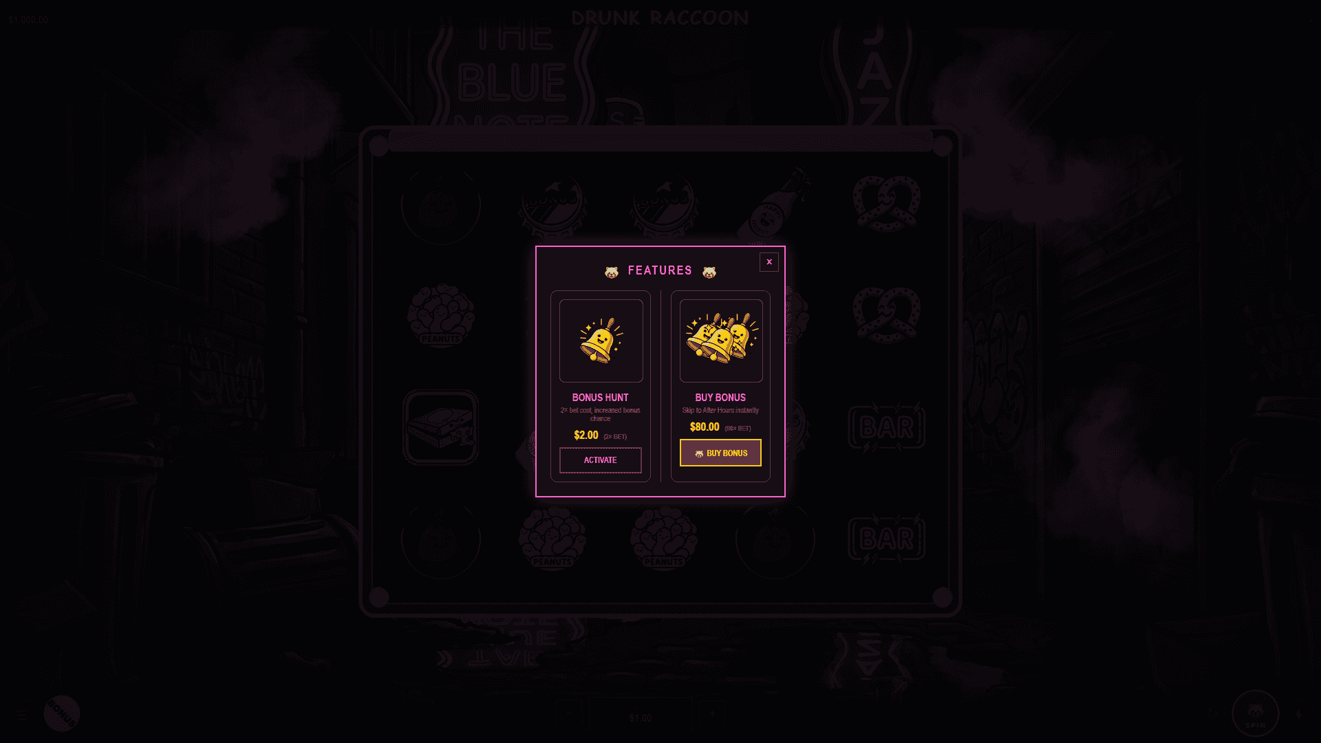 Drunk Raccoon bonus buy menu
