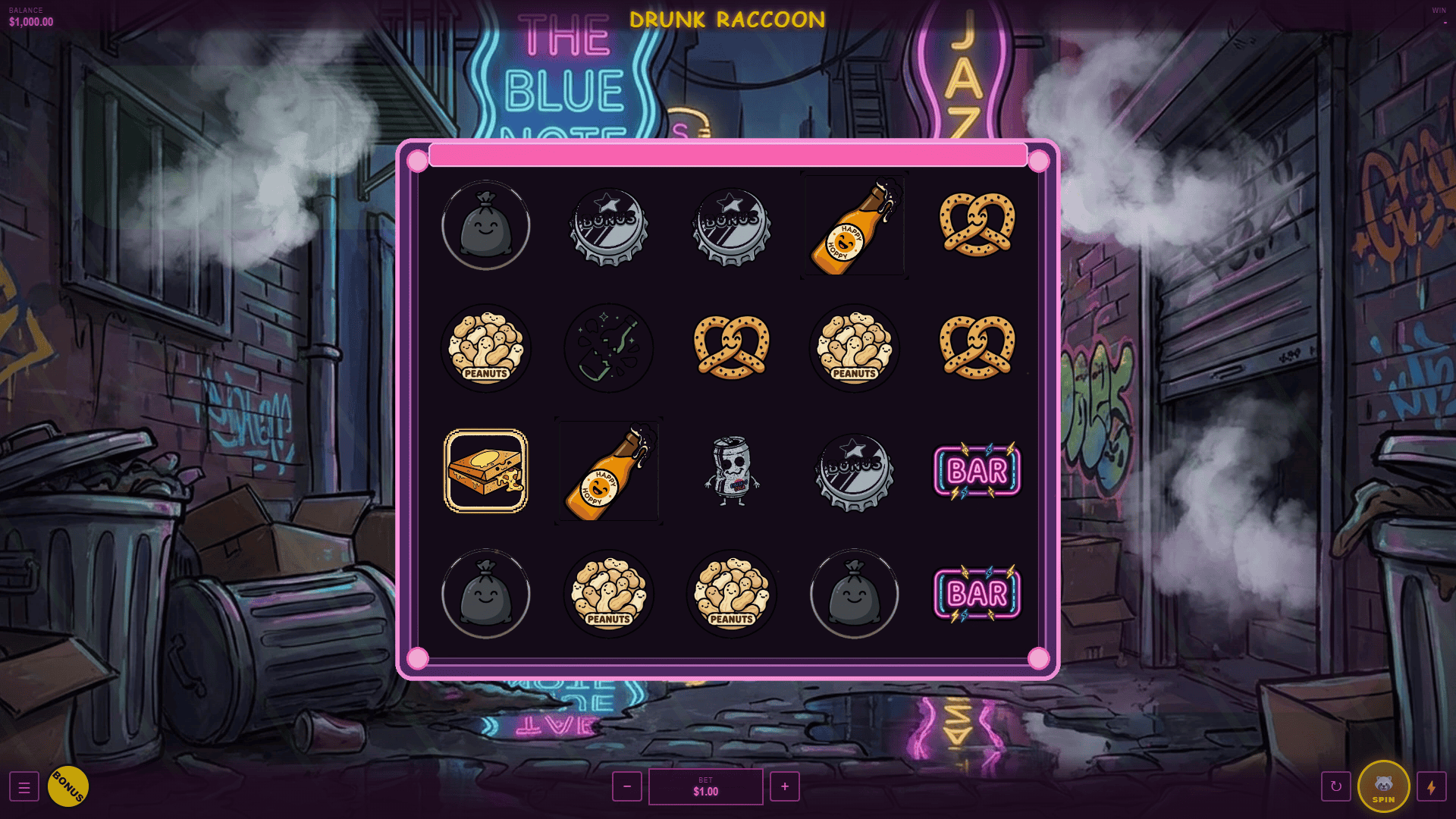 Drunk Raccoon slot gameplay reels