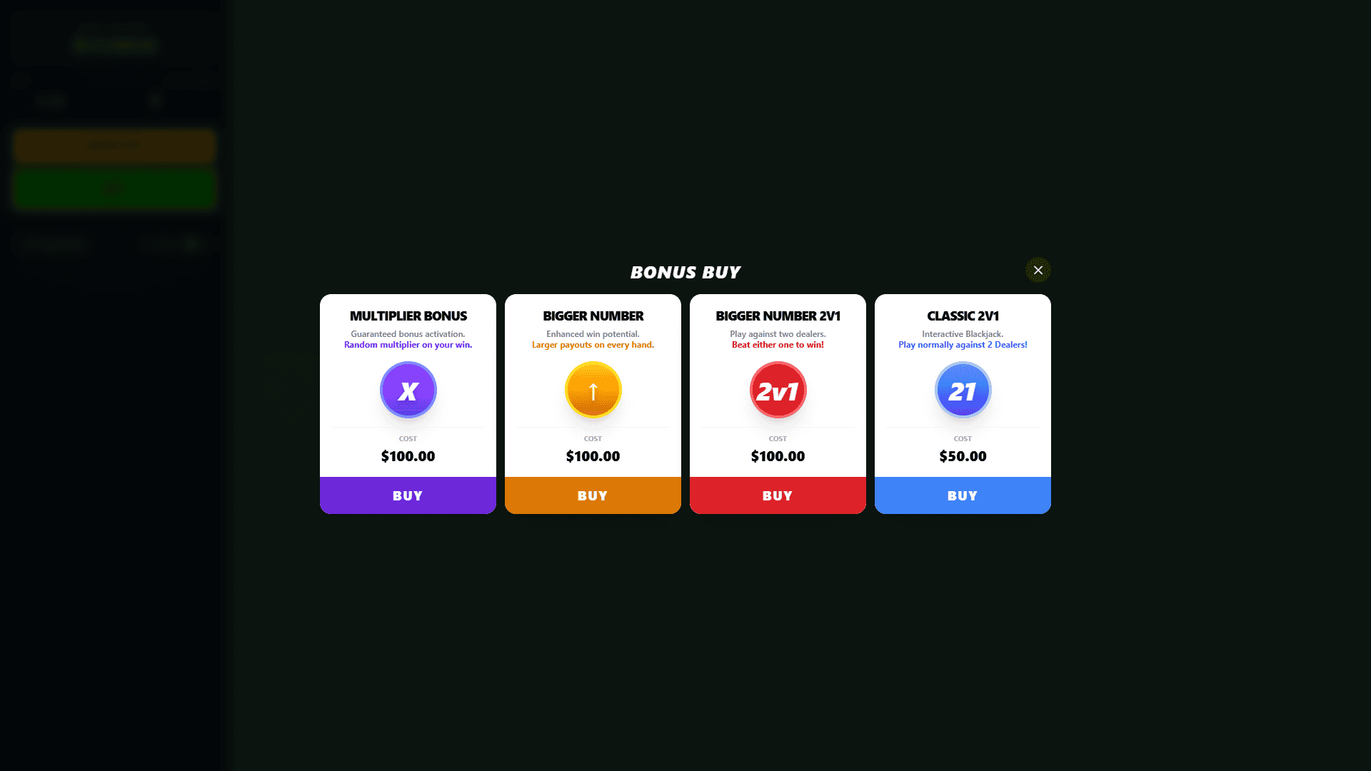 Extreme Blackjack bonus buy menu