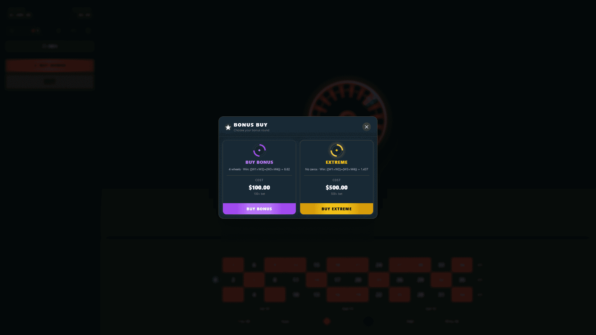 Extreme Roulette bonus buy menu