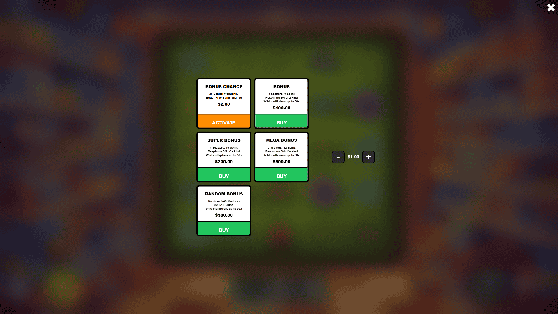Toy Racing bonus buy menu