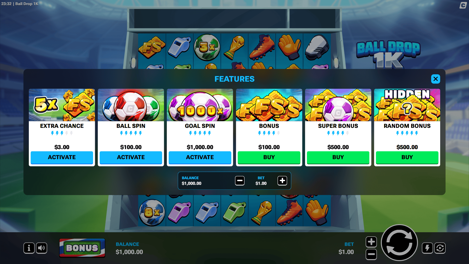 Ball Drop 1K bonus buy menu
