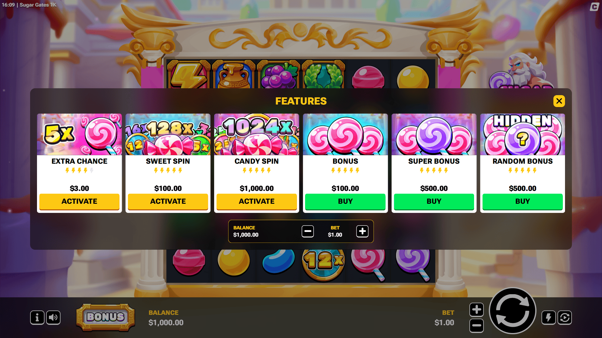 Sugar Gates 1K bonus buy menu