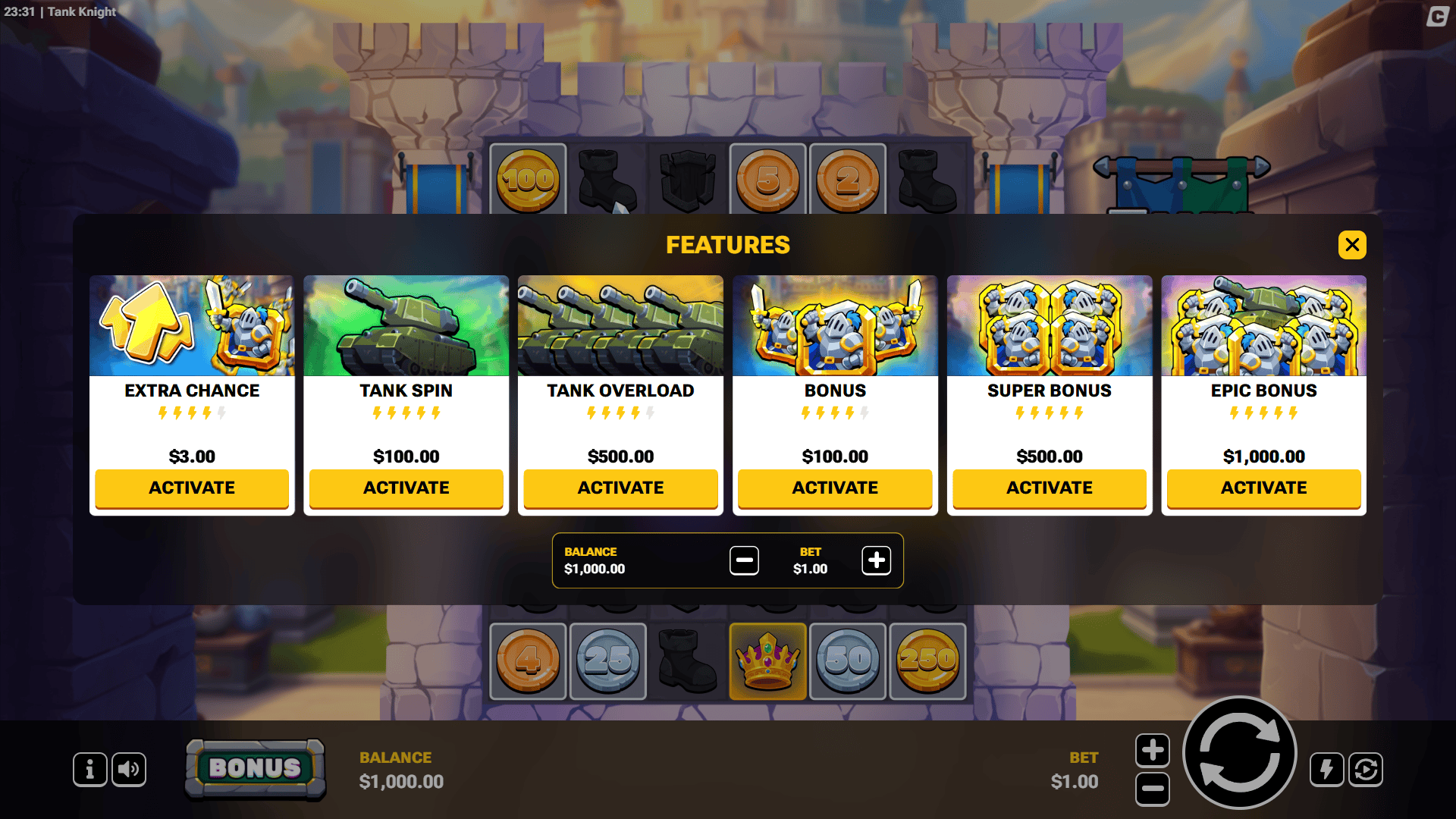 Tank Knight bonus buy menu