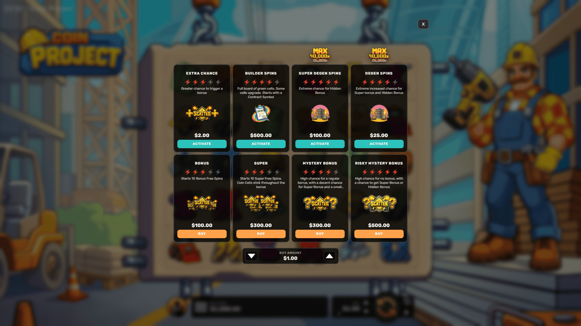 Coin Project bonus buy menu