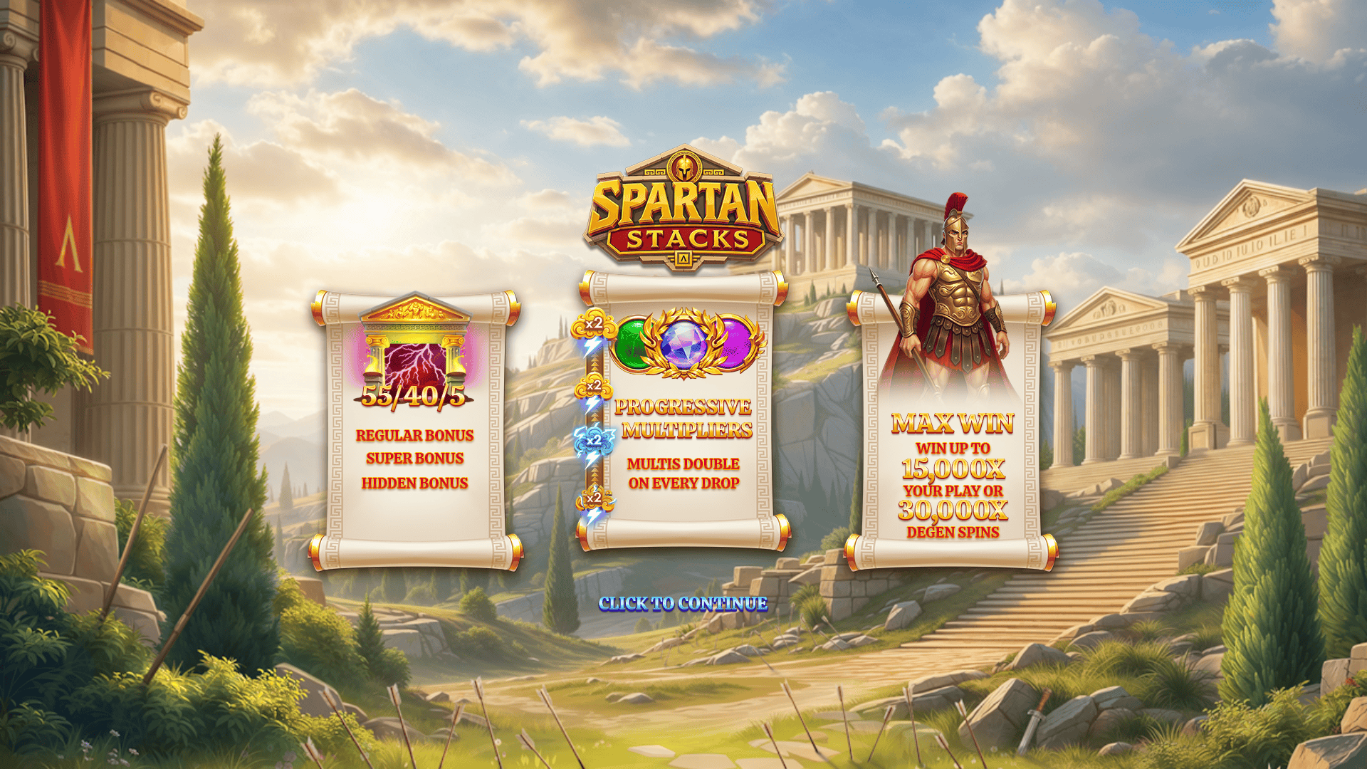 Spartan Stacks slot intro screen