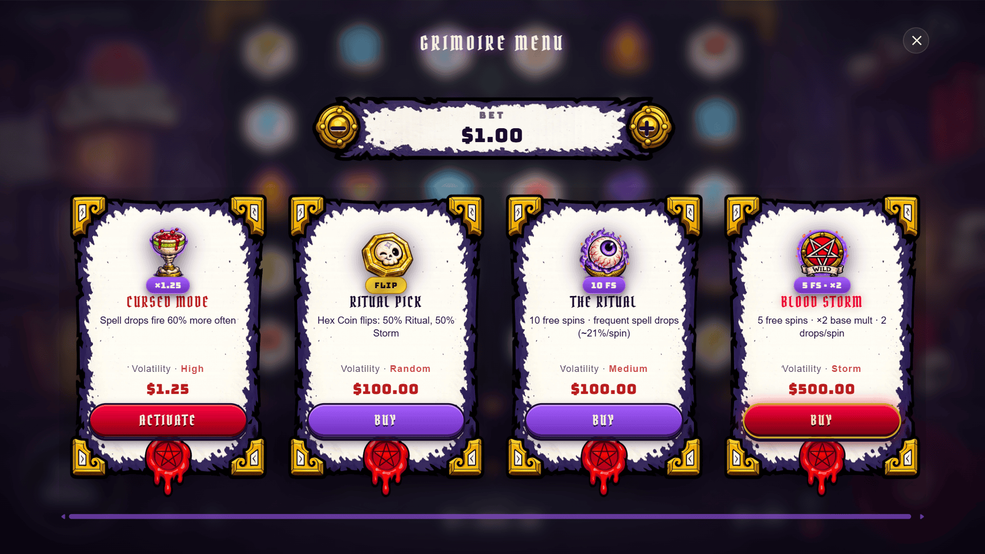 Cursed Grimoire bonus buy menu