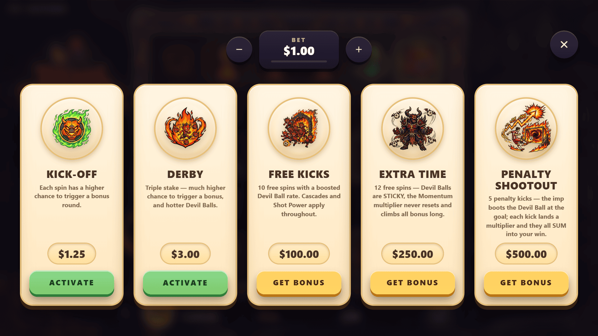 Devil Football bonus buy menu